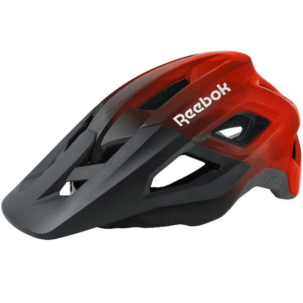 Casco de ciclismo Reebok rojo y negro con ventilaciones y logo Reebok.