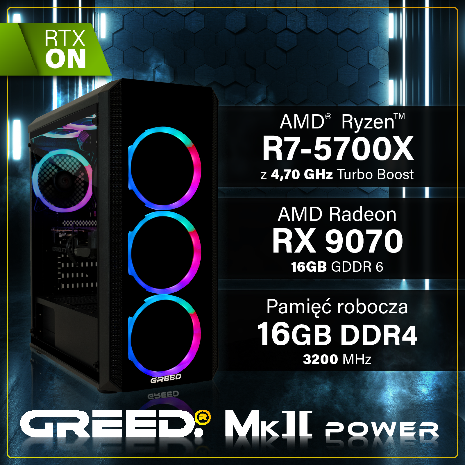 Obudowa PC z wentylatorami RGB, AMD Ryzen R7-5700X, RX 9070, 16GB DDR4.