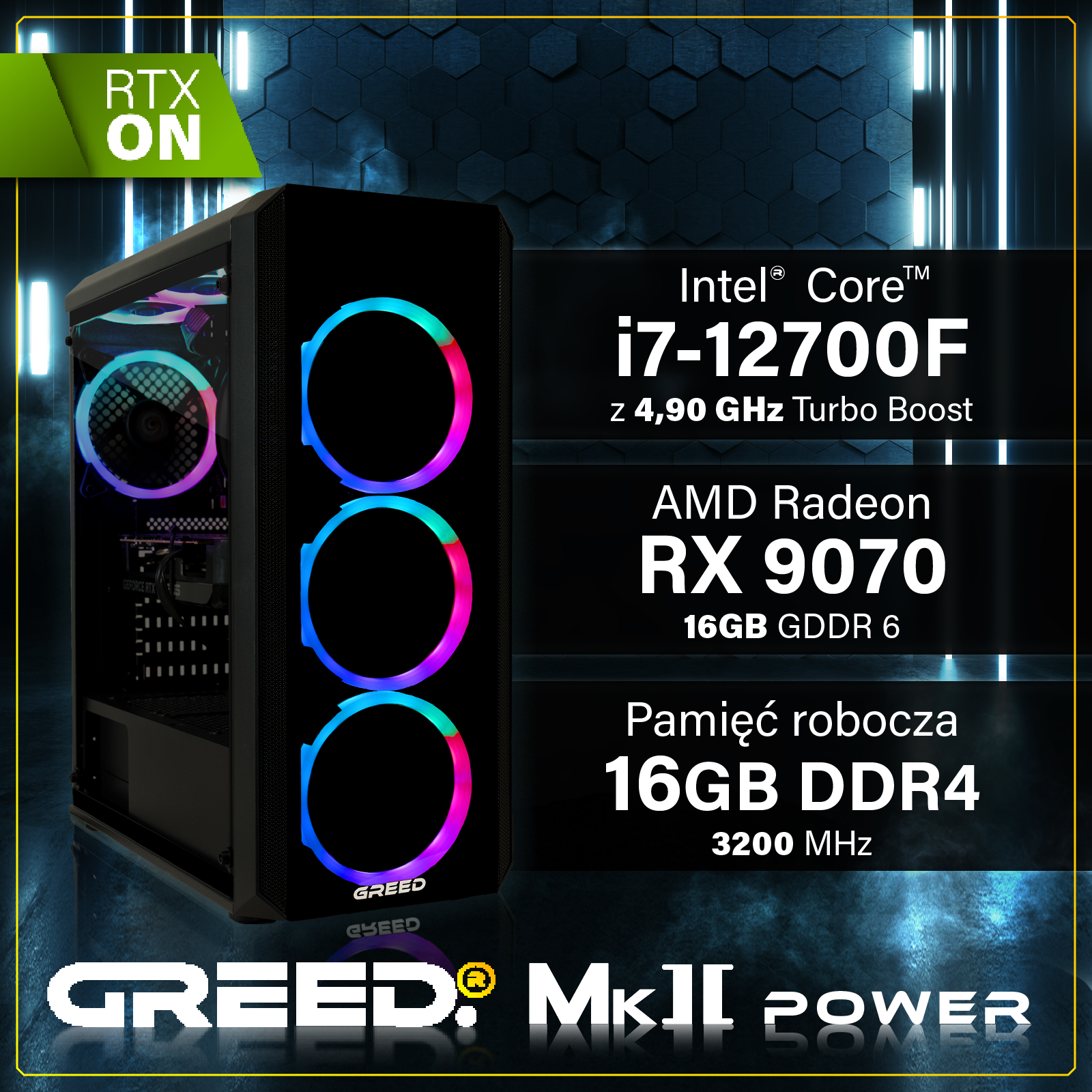 Obudowa komputera z wentylatorami RGB i specyfikacjami: Intel i7-12700F, RX 9070, 16GB DDR4.