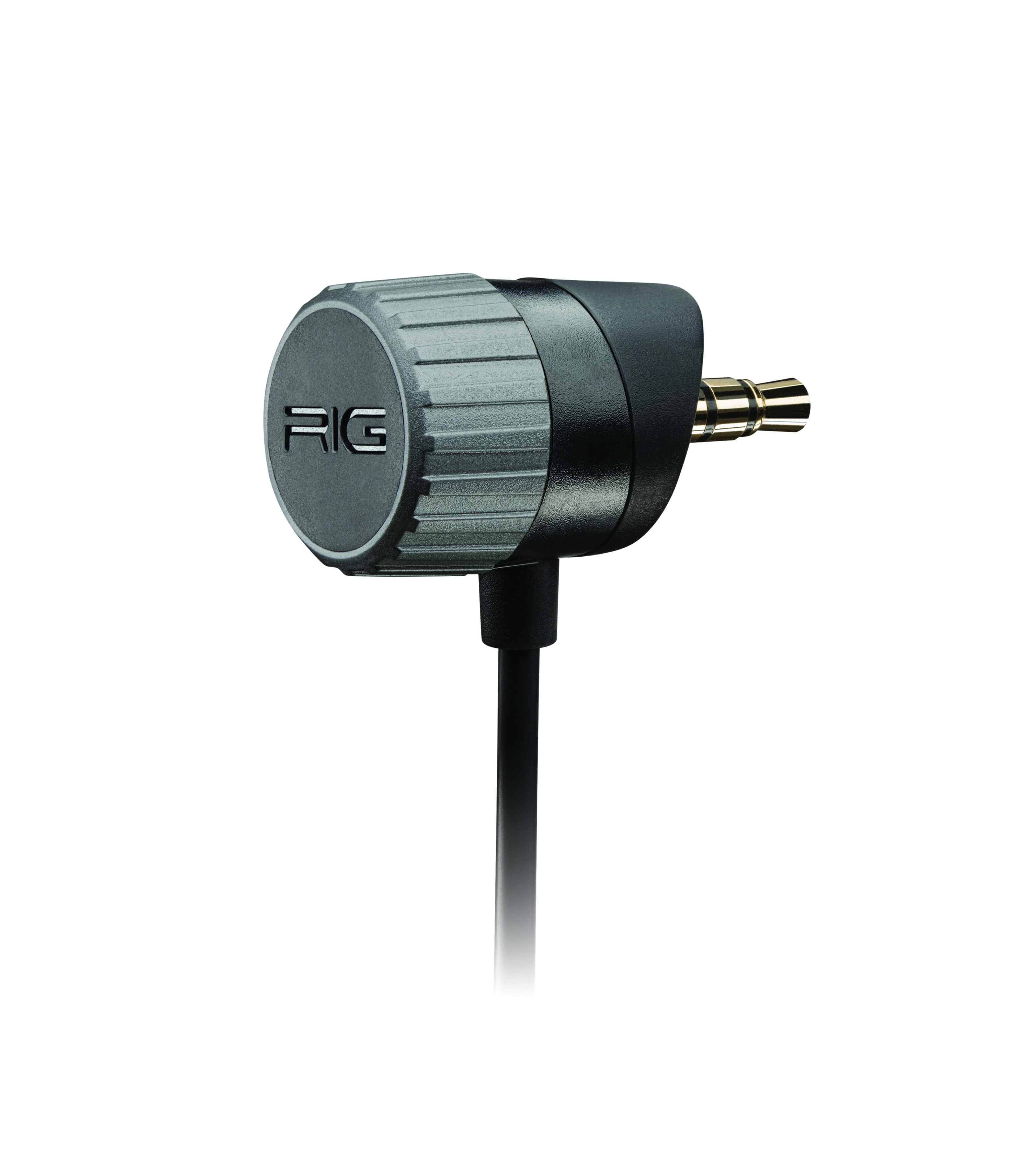 Grauer Drehregler mit schwarzem Ring und 3,5-mm-Stecker.