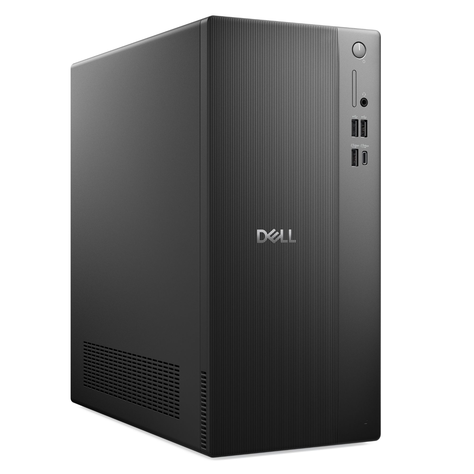 Ön tarafında havalandırma delikleri ve bağlantı noktaları bulunan siyah Dell tower PC.