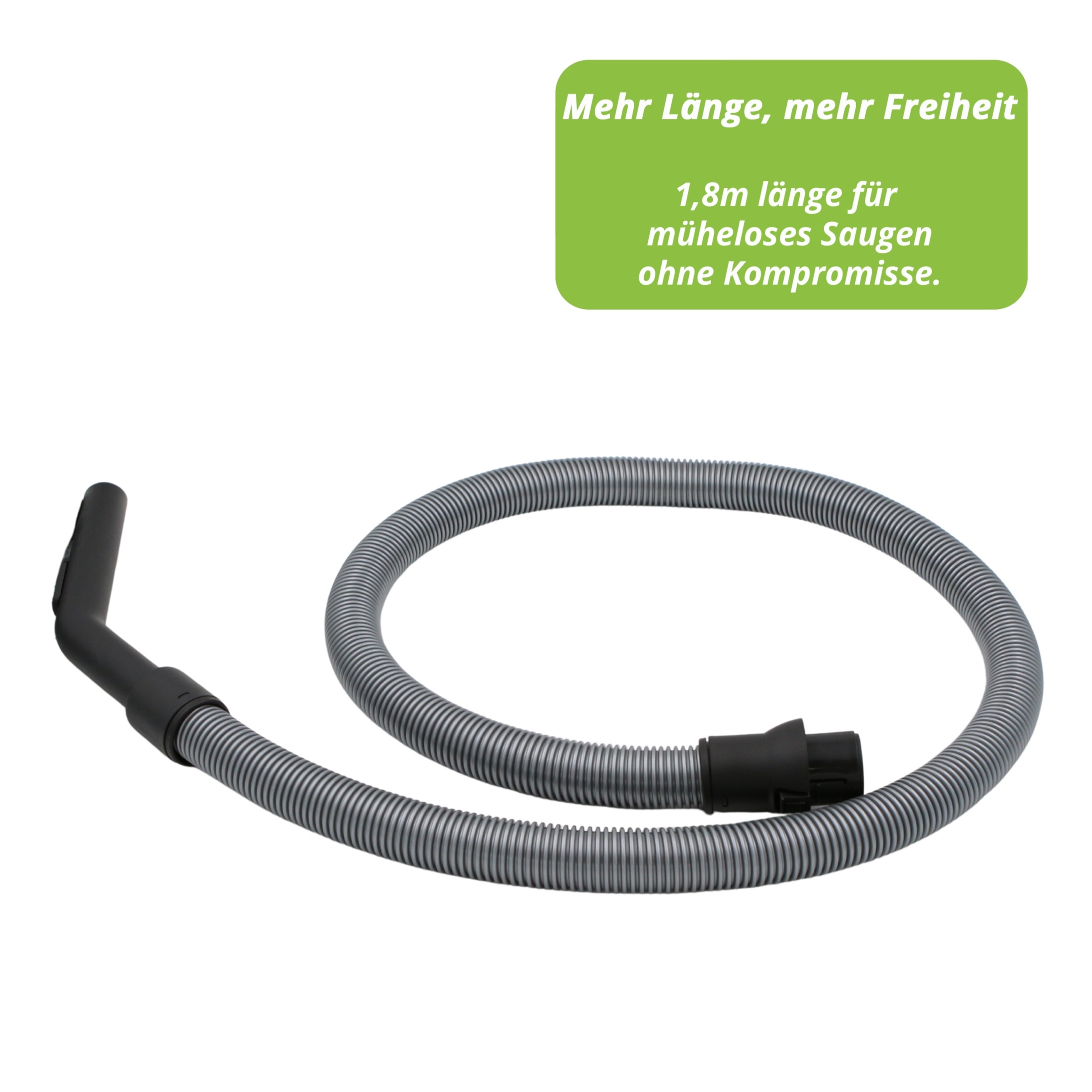 Grauer Staubsaugerschlauch mit schwarzem Griff und Anschlussstück.