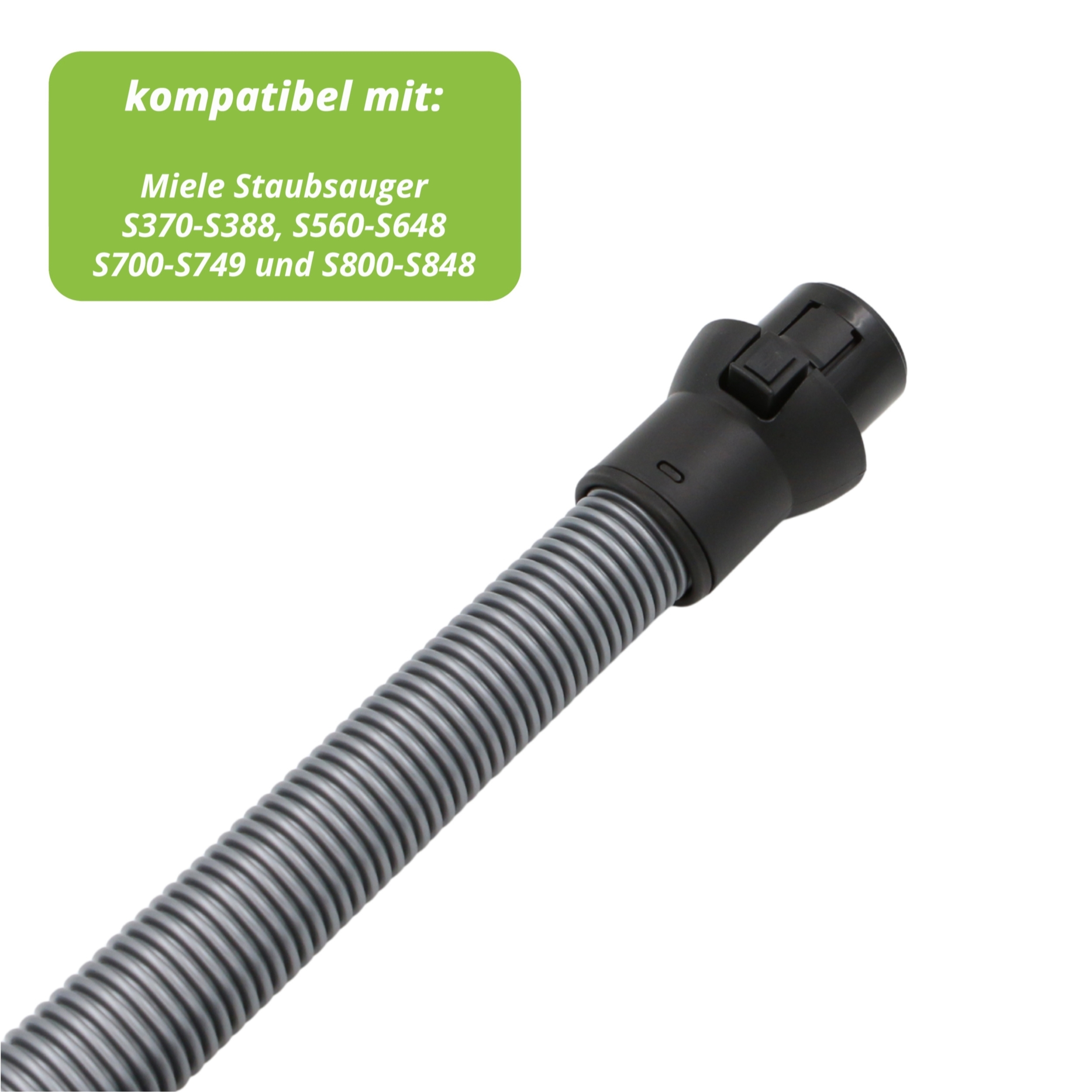 Grauer Staubsaugerschlauch mit schwarzem Anschlussstück und Aufdruck.
