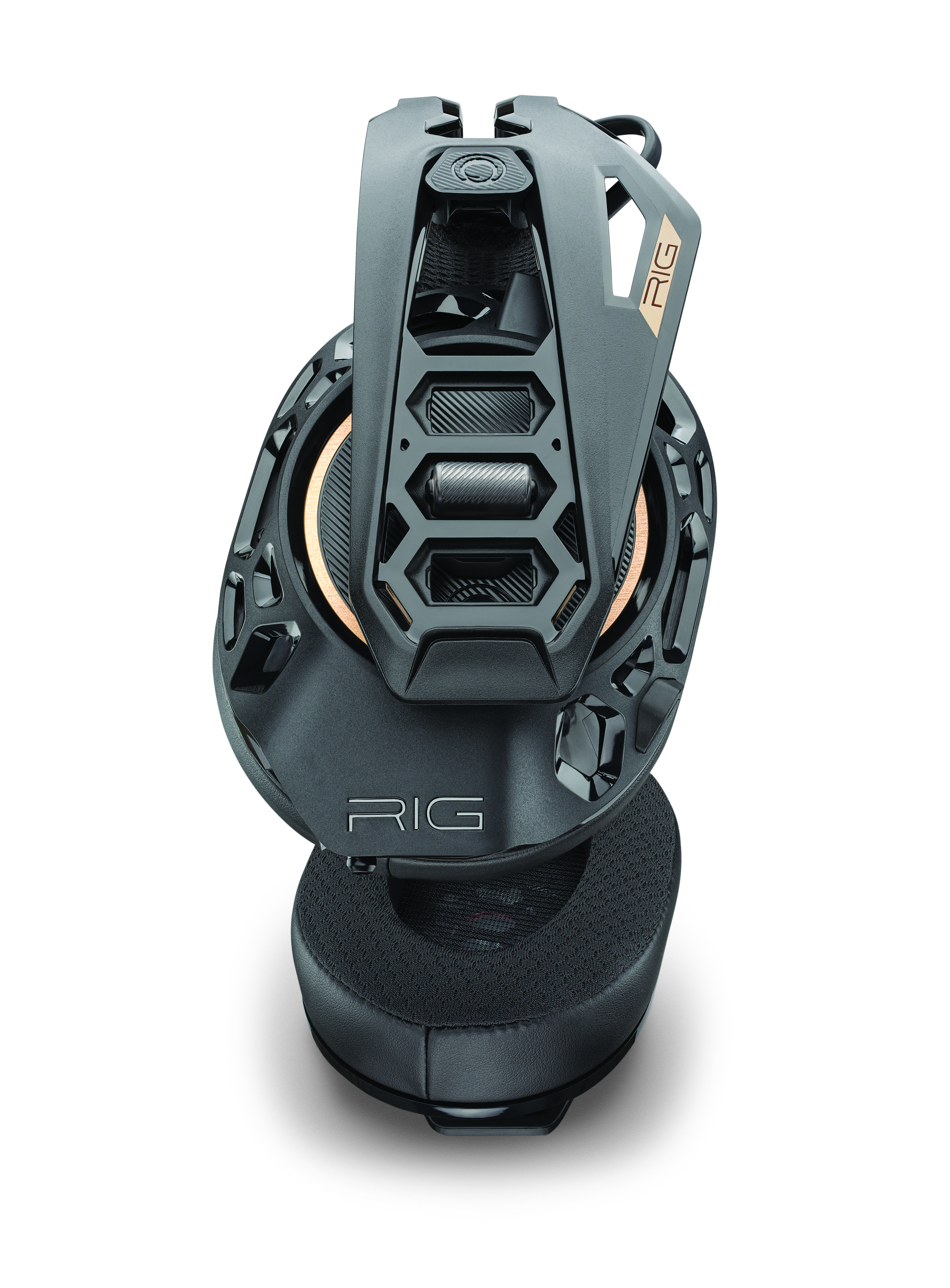Schwarzer Gaming-Kopfhörer mit silbernen Akzenten und RIG-Logo.