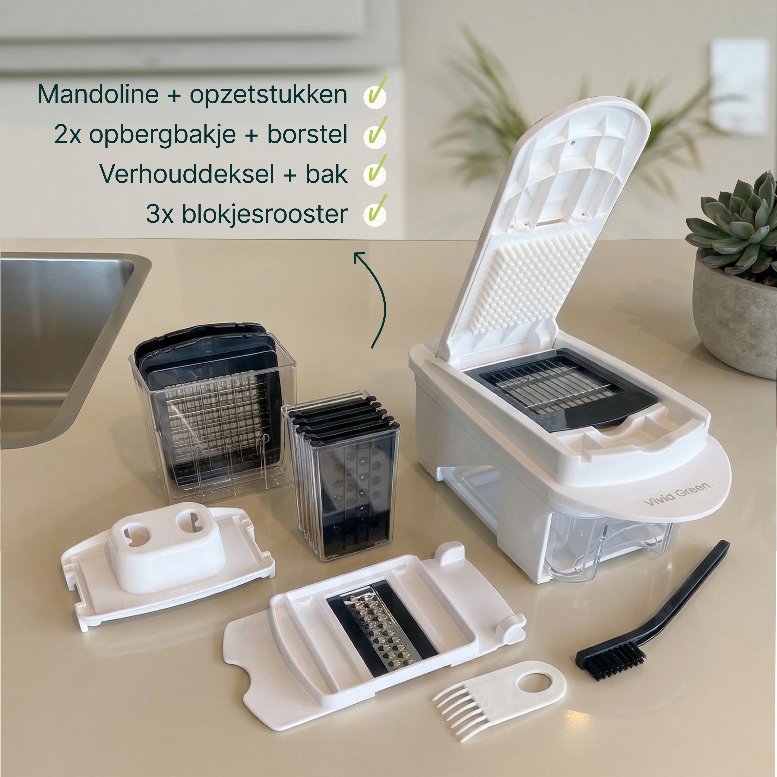 A kitchen chopper with accessories including a mandoline, containers, lid, brush, and grids.