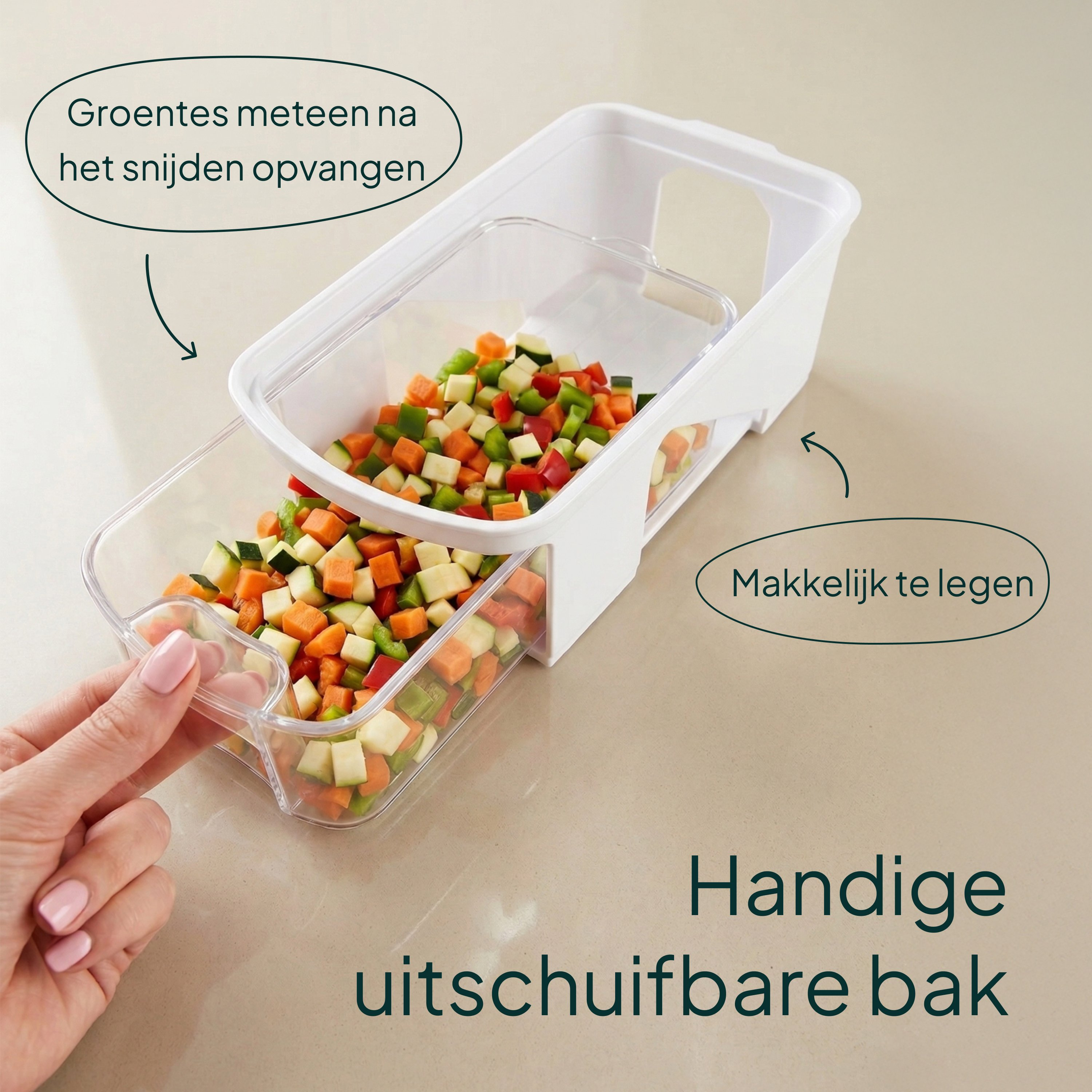 A white vegetable chopper with a drawer full of diced vegetables.