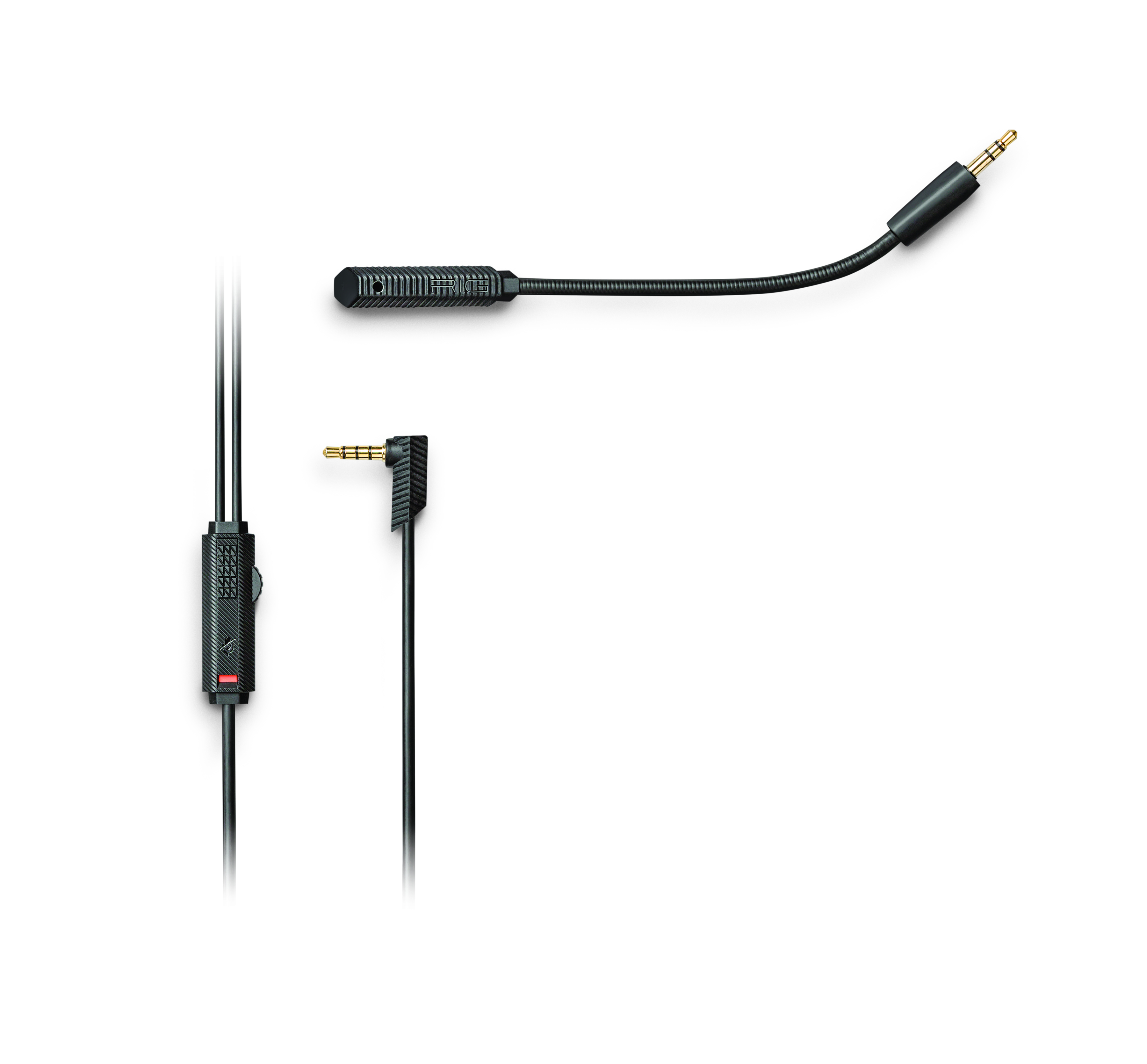 Schwarzes Kabel mit 3,5-mm-Steckern und Inline-Regler.