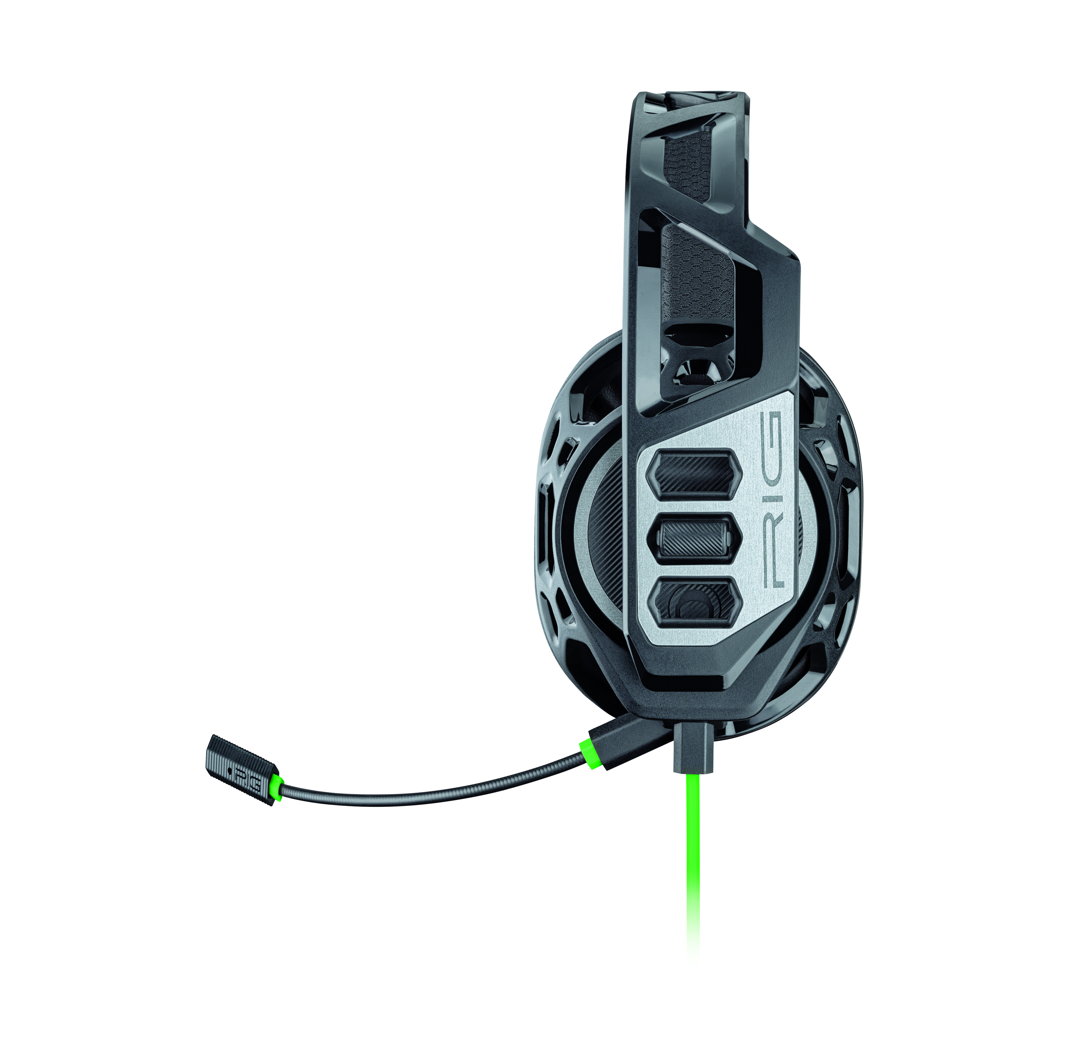 Schwarzer Gaming-Kopfhörer mit Mikrofon und grünem Kabel.
