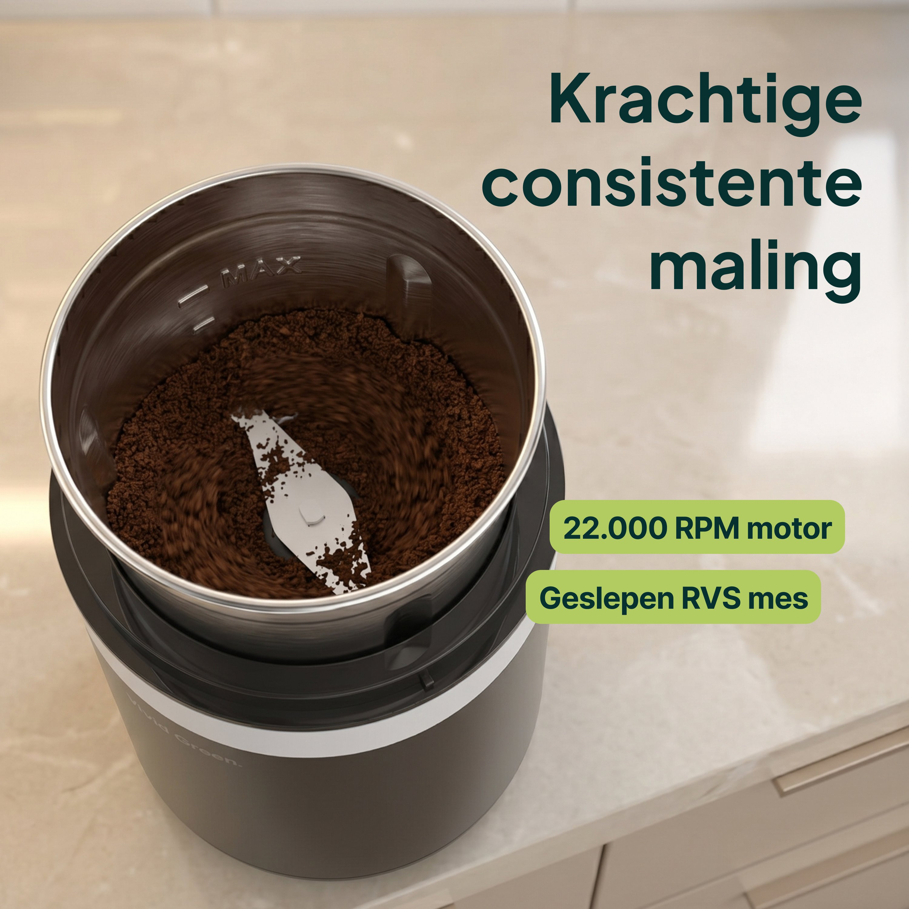 Coffee grinder grinding beans, 22,000 RPM motor, sharpened blades.