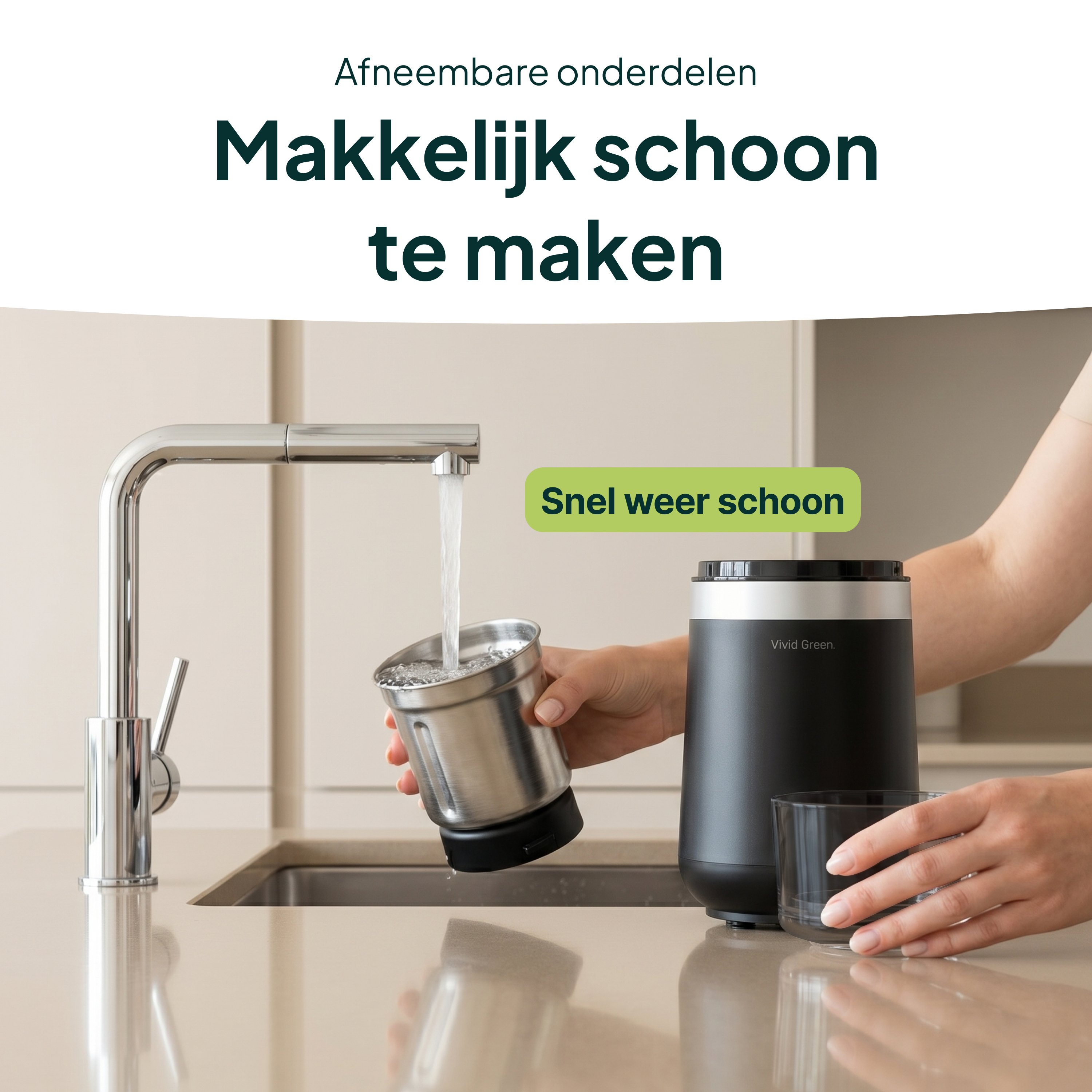 A metal cup is rinsed under running water next to a blender.