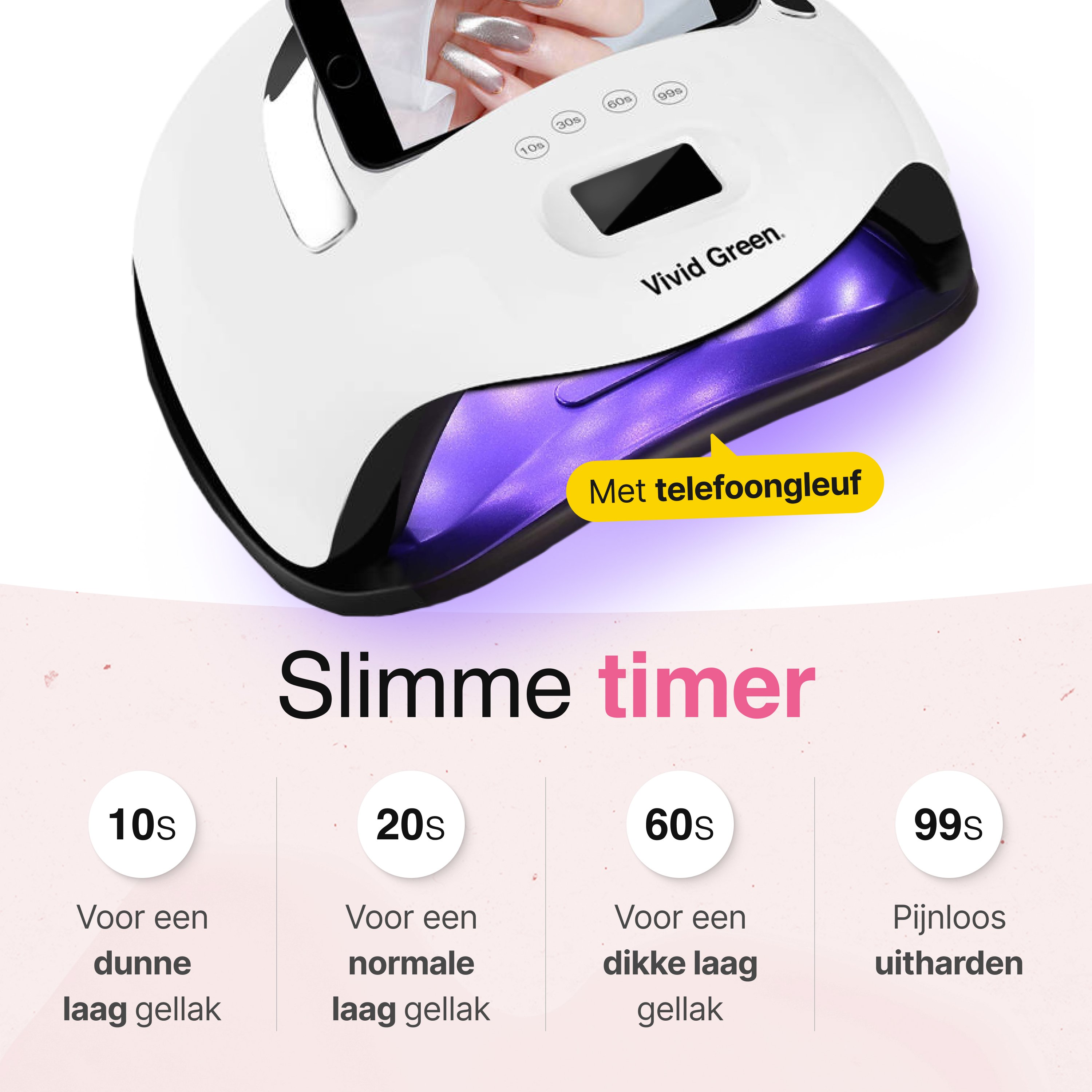 A white nail dryer lamp with purple interior light and timer options.
