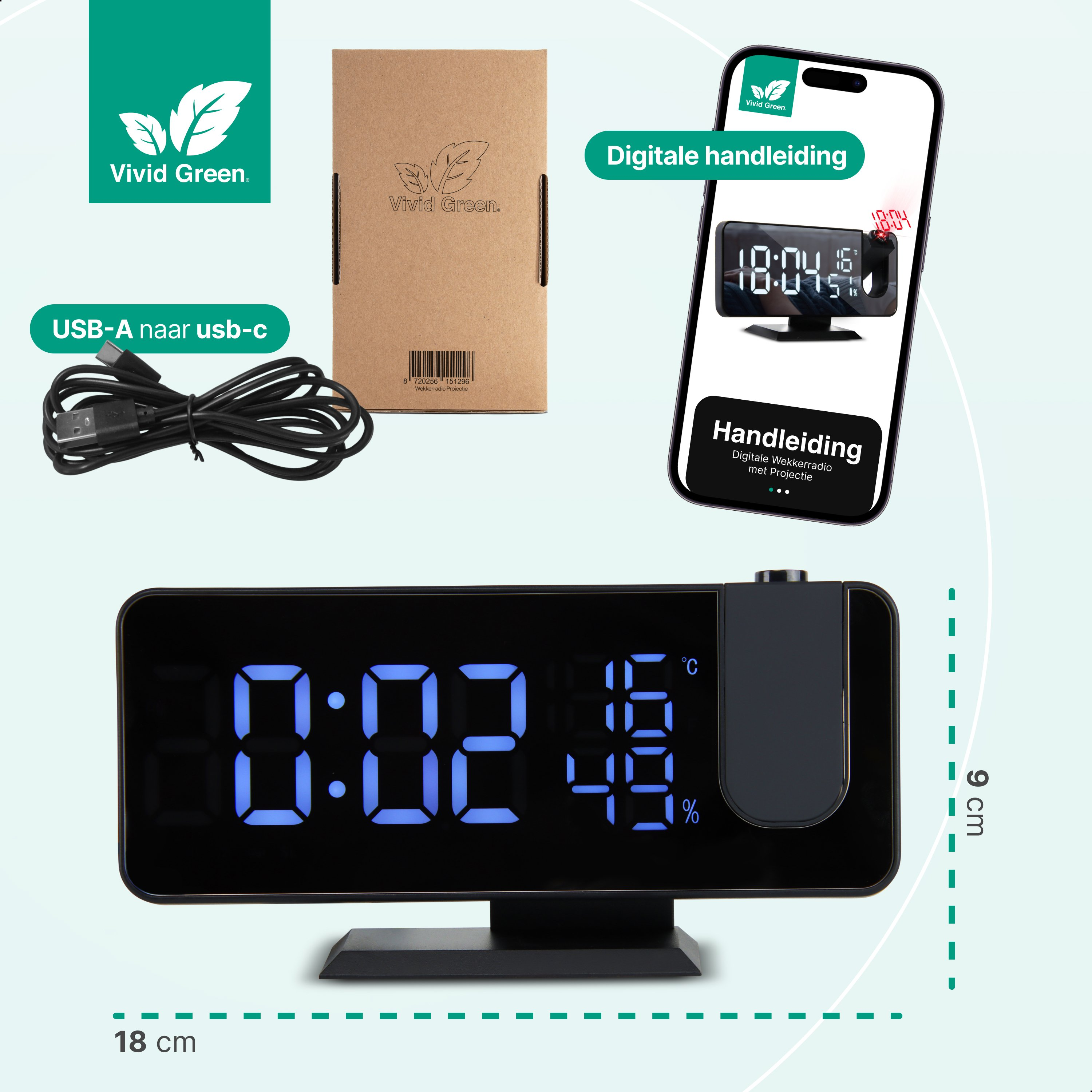 A digital alarm clock with temperature display and USB cable.