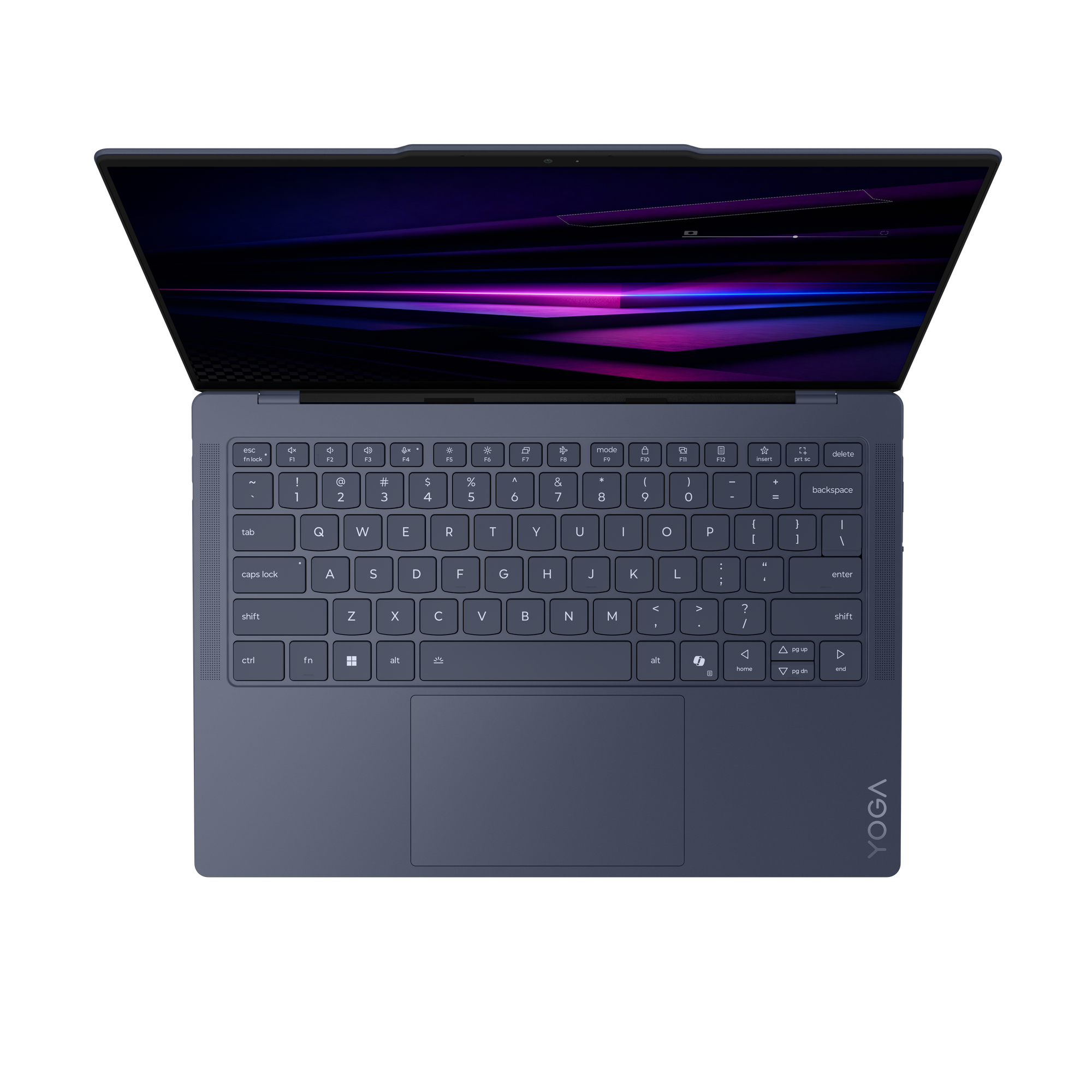 Un laptop blu aperto con uno sfondo astratto sullo schermo.