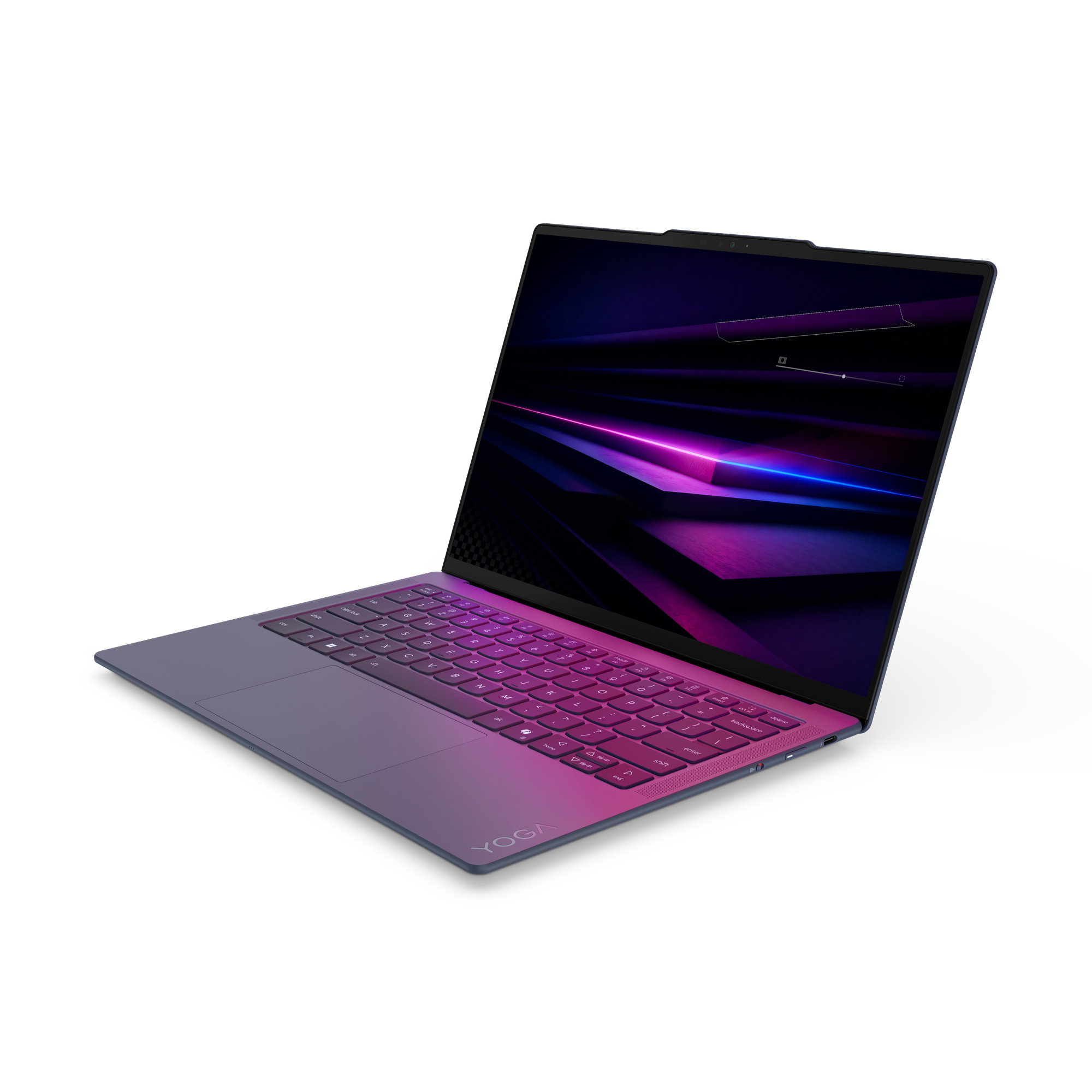 Un laptop aperto in viola e blu con tastiera retroilluminata.