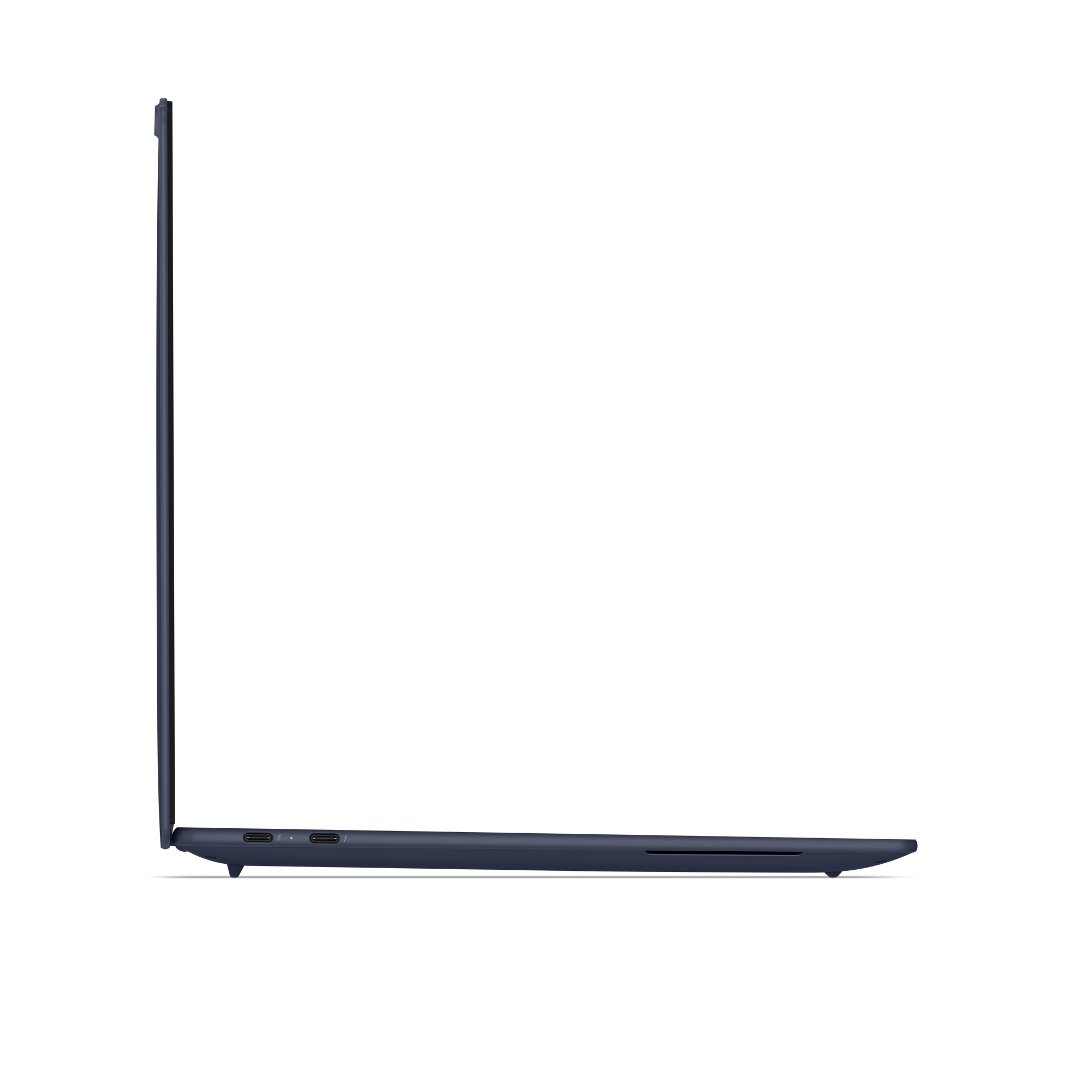 Un laptop blu scuro in vista di profilo, che mostra due porte USB-C sul bordo anteriore.