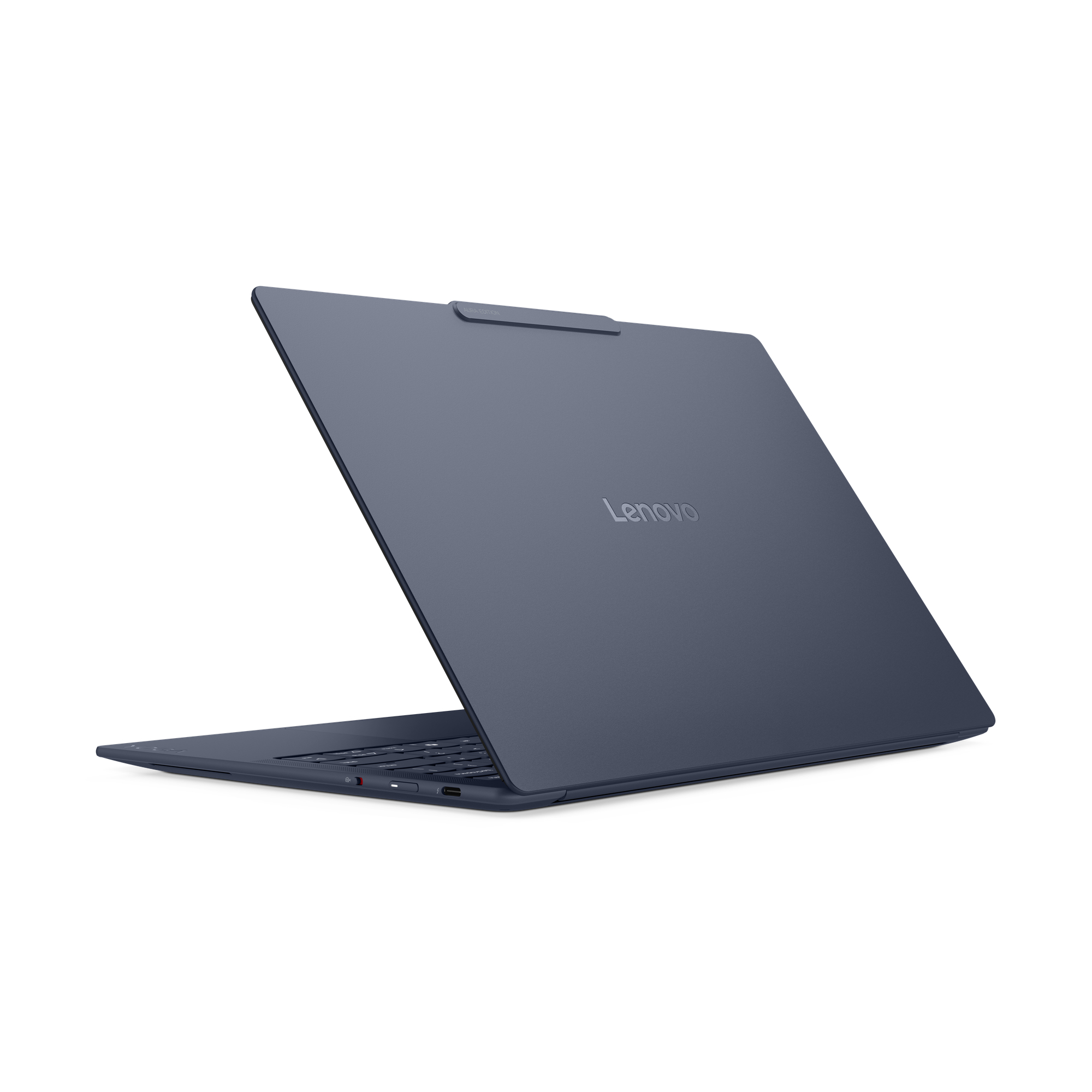 Laptop Lenovo blu scuro, parzialmente aperto, mostra tastiera e porte.