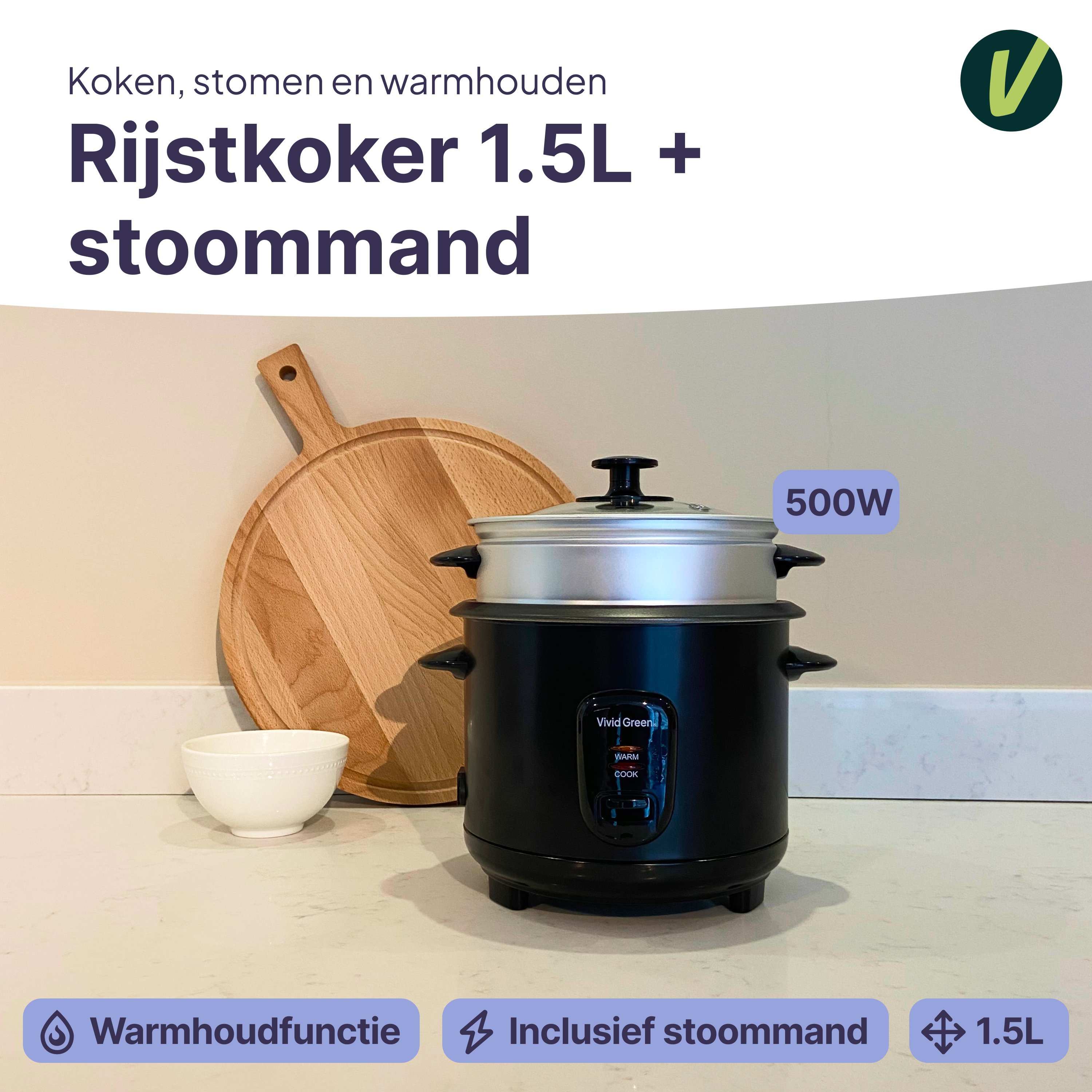 Black rice cooker with steam basket, bowl, and wooden board.