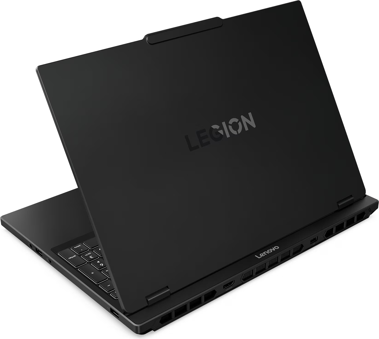 Siyah Lenovo Legion dizüstü bilgisayar, açık, klavyeyi ve kapaktaki 'Legion' logosunu gösteriyor.