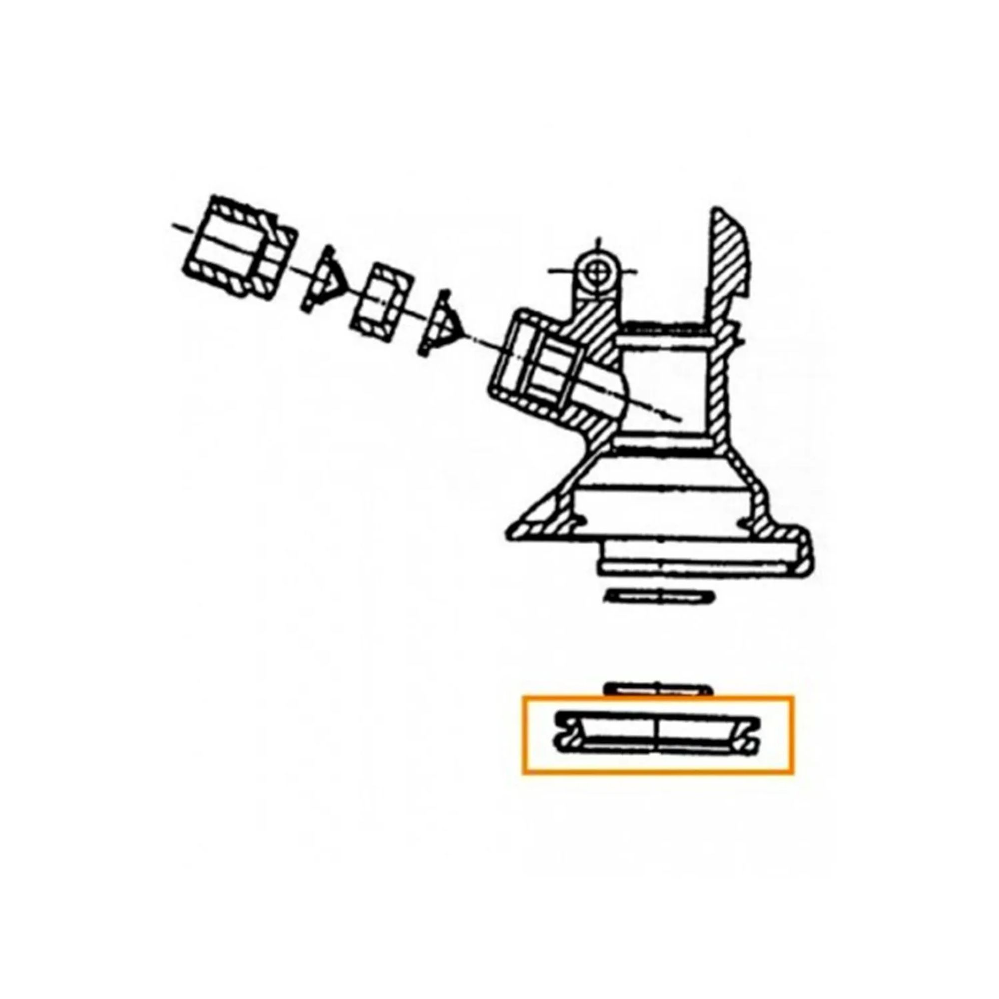 Technische tekening van een mechanisch onderdeel met meerdere componenten en oranje rand.