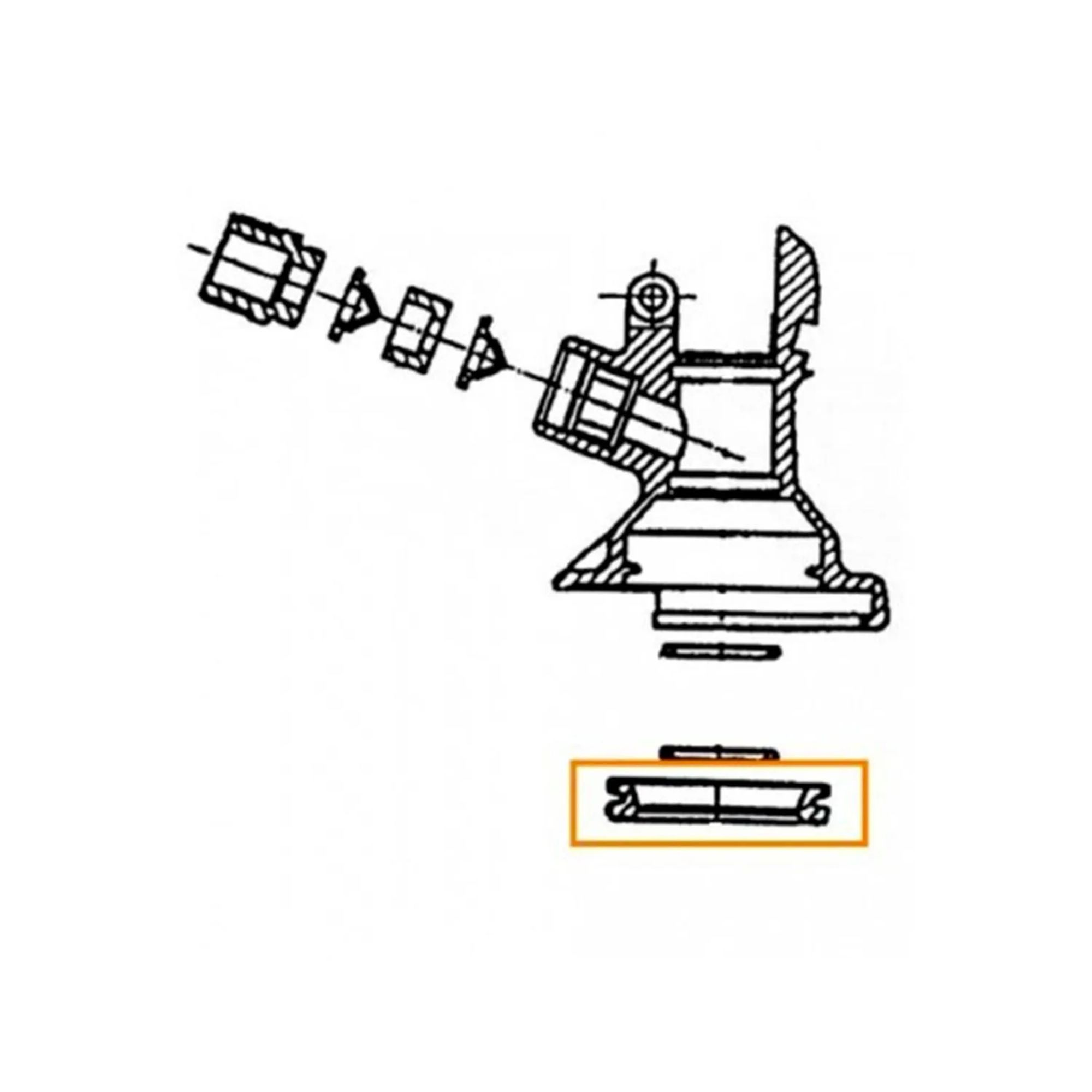 Diagram van mechanische onderdelen met een gemarkeerd rechthoekig onderdeel.
