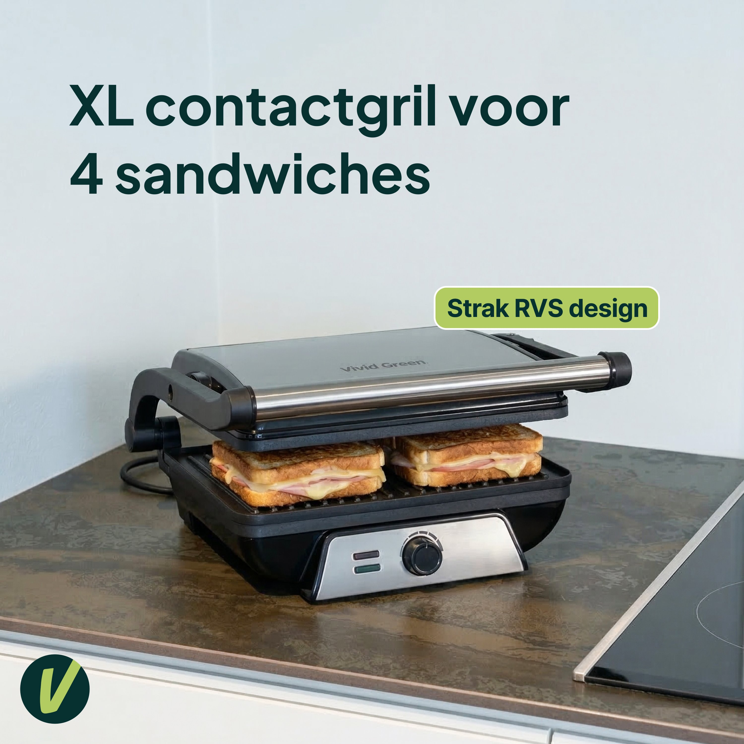 Large contact grill with four sandwiches, stainless steel design.