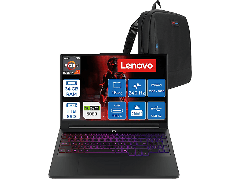 LENOVO Legion Pro 7 16GB RTX5080 L83RU0031TRF38 AMD Ryzen 9 9955HX3D 64 GB RAM 512 GB SSD 16 inç FreeDOS Laptop+Çanta Siyah