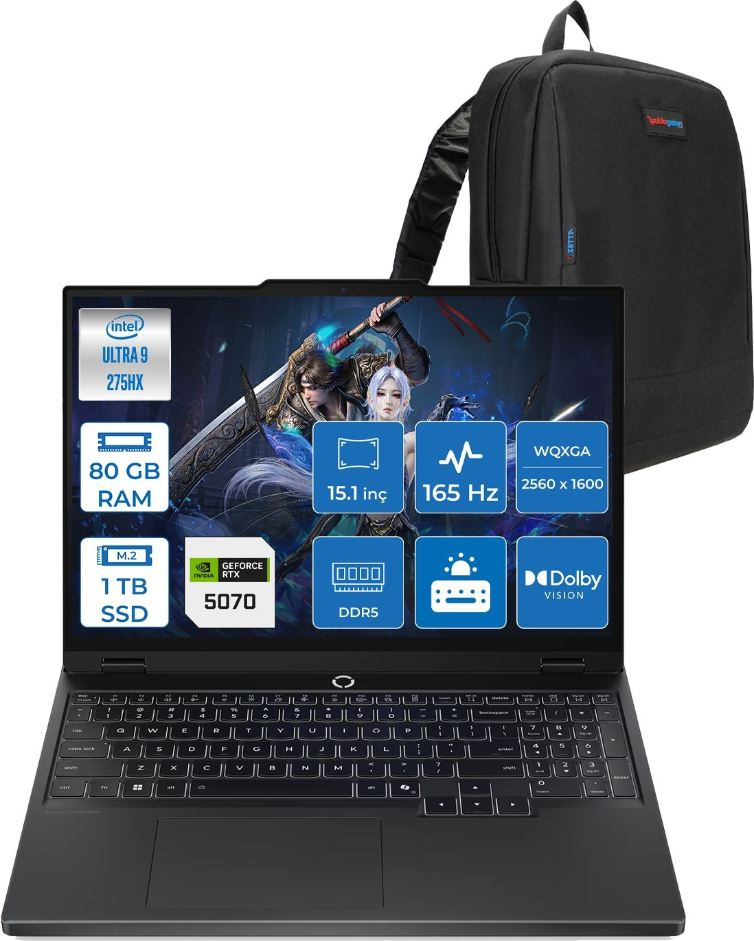 Intel Ultra 9 ve NVIDIA RTX 5070 özellikli siyah dizüstü bilgisayar, siyah sırt çantasıyla birlikte.
