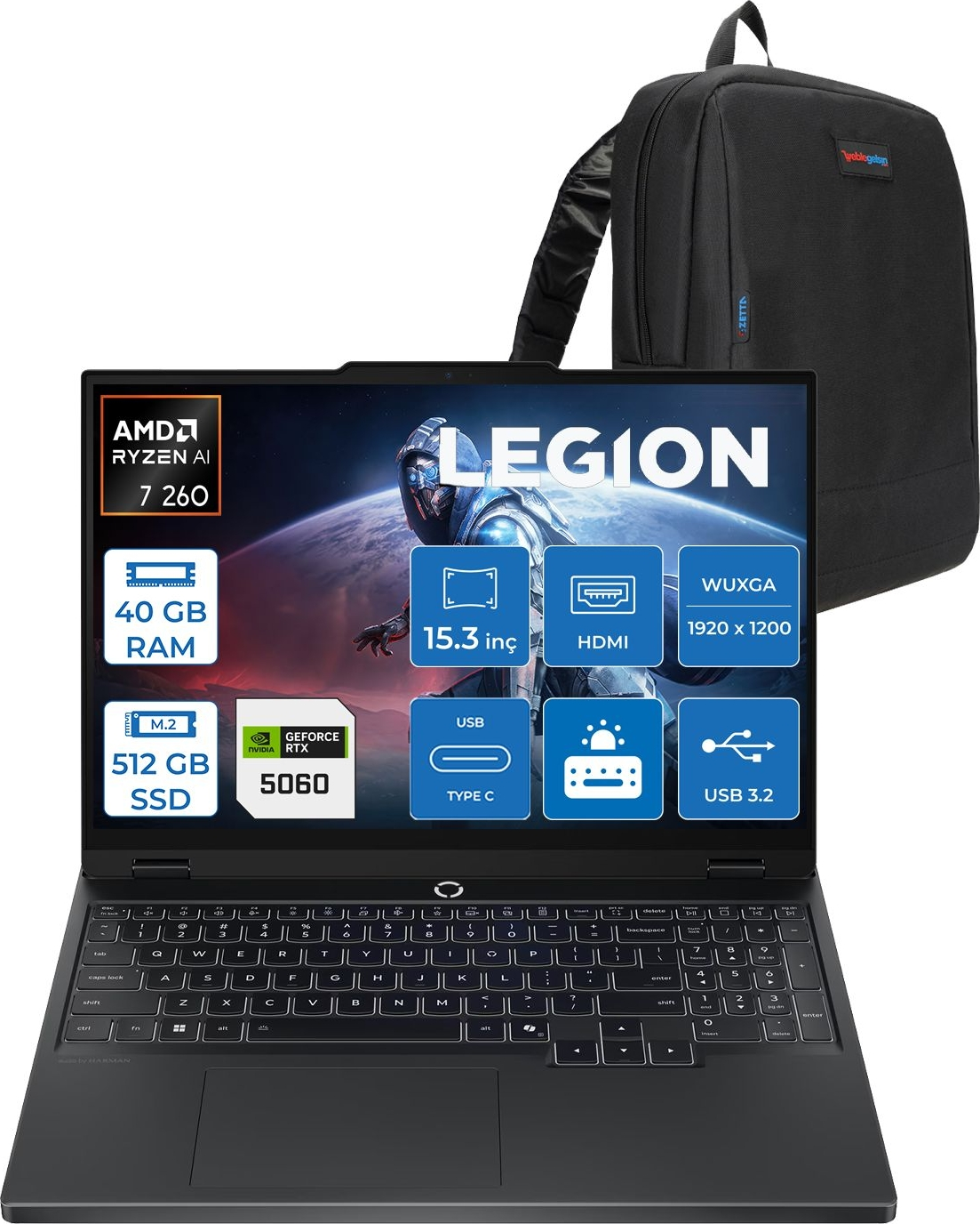 RYZEN AI 7 260 işlemcili, 40 GB RAM, 512 GB SSD ve RTX 5060 özellikli siyah dizüstü bilgisayar.