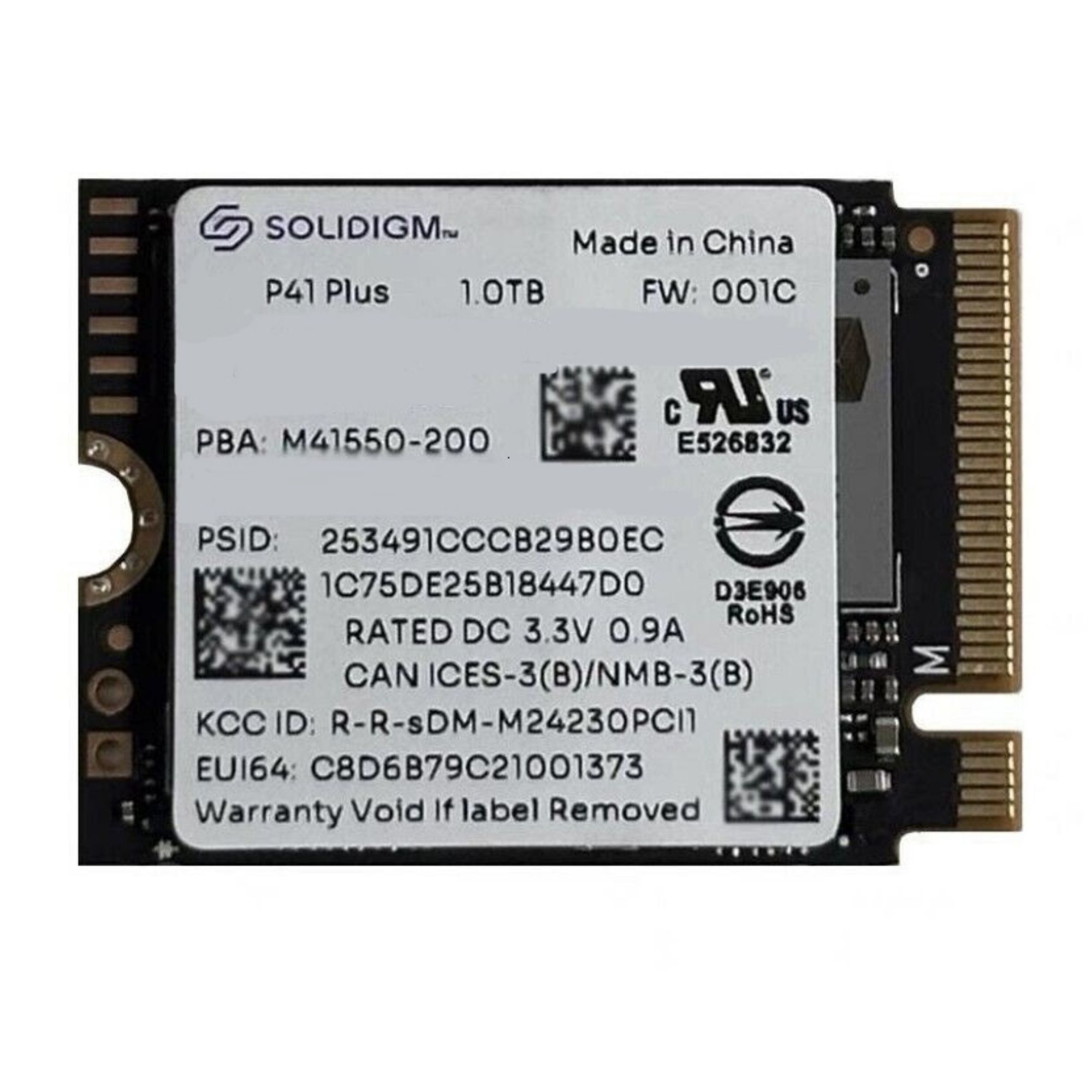Etiketli ve konektörlü bir Solidigm P41 Plus 1.0TB M.2 SSD.