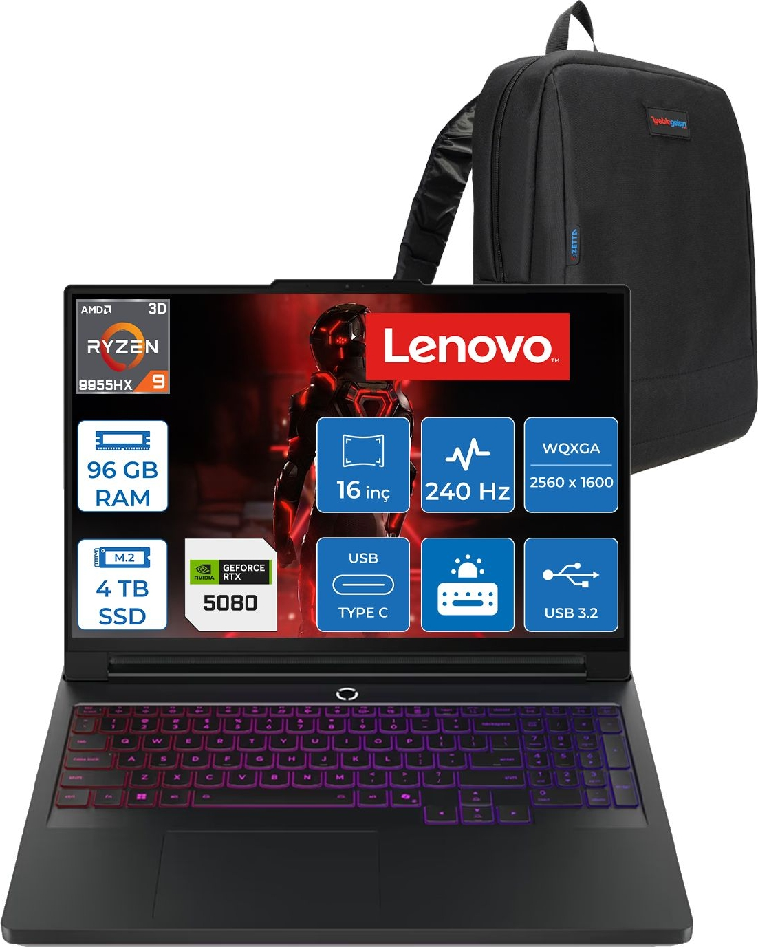 RGB klavyeli siyah Lenovo dizüstü bilgisayar ve sırt çantası.
