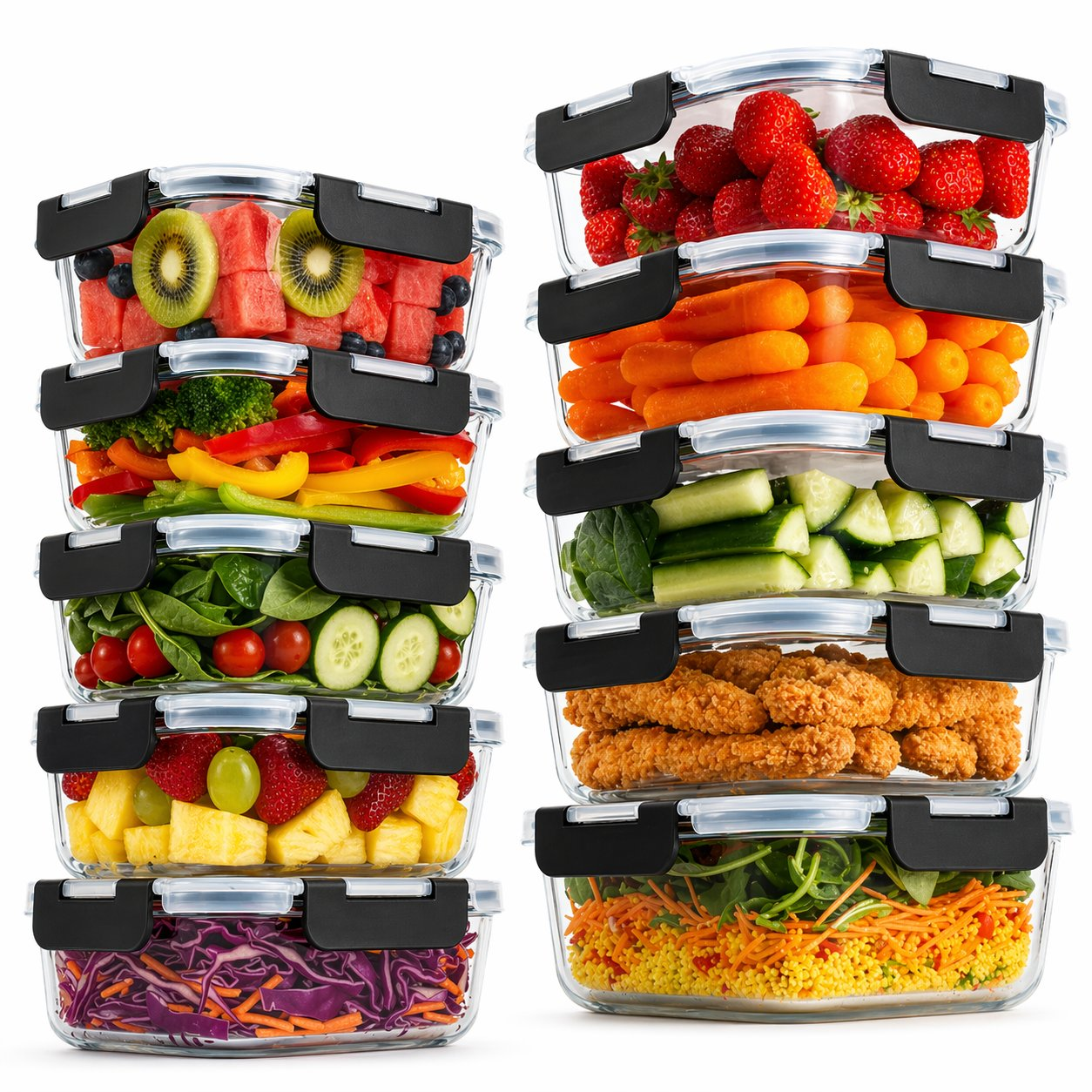 Stacked glass food containers with fruits, vegetables, chicken strips, and couscous.