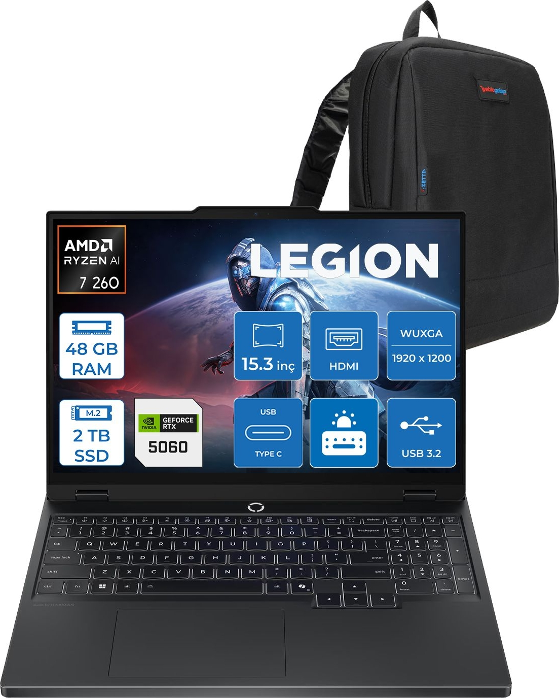 Siyah sırt çantası ve açık dizüstü bilgisayar özellikleri: AMD Ryzen AI, 48 GB RAM, 2 TB SSD, RTX 5060.