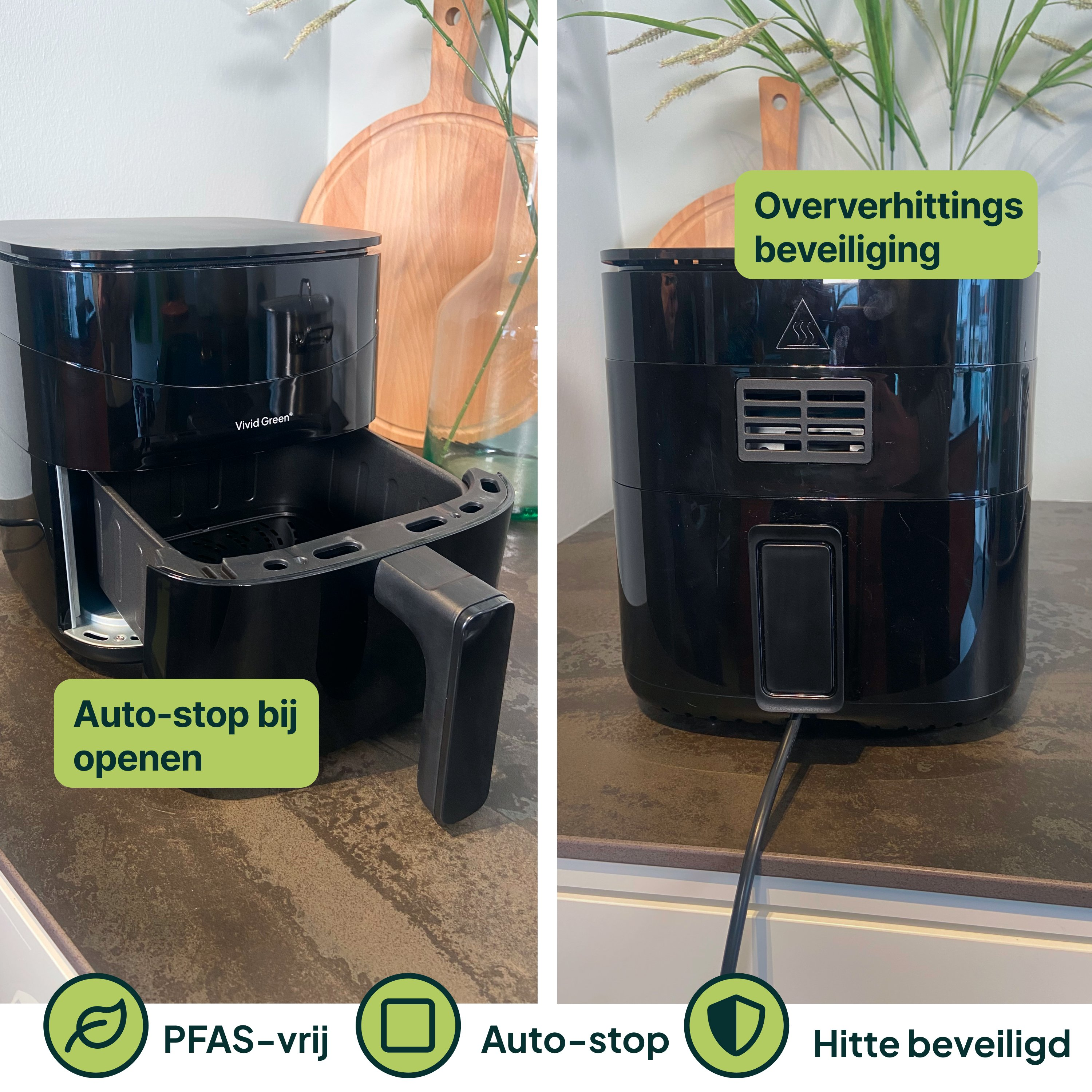 Black air fryer with "Auto-stop" and overheat protection features.