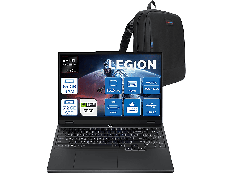 LENOVO Legion 5 DDR5 8GB RTX5060 IPS 165Hz L83M00070TRF21 AMD Ryzen 7 260 64 GB RAM 512 GB SSD 15,3 inç FreeDOS Laptop+Çanta Gri