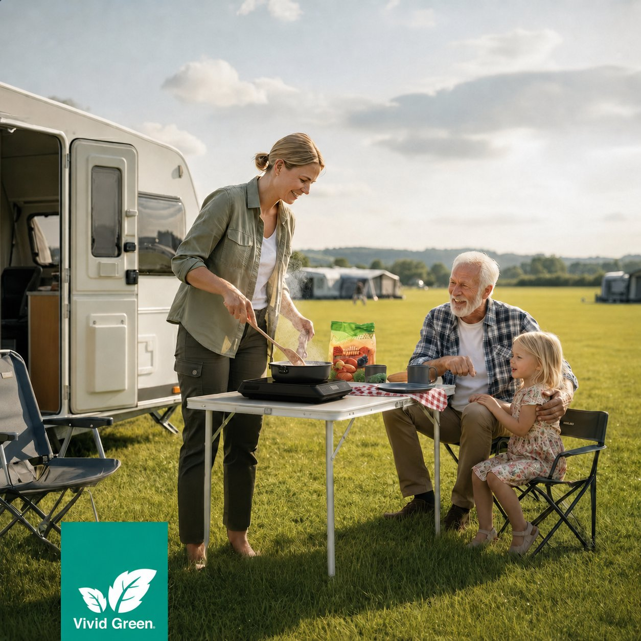 Family cooking at a campsite near a caravan. Woman cooks on a portable stove, man and child watch.