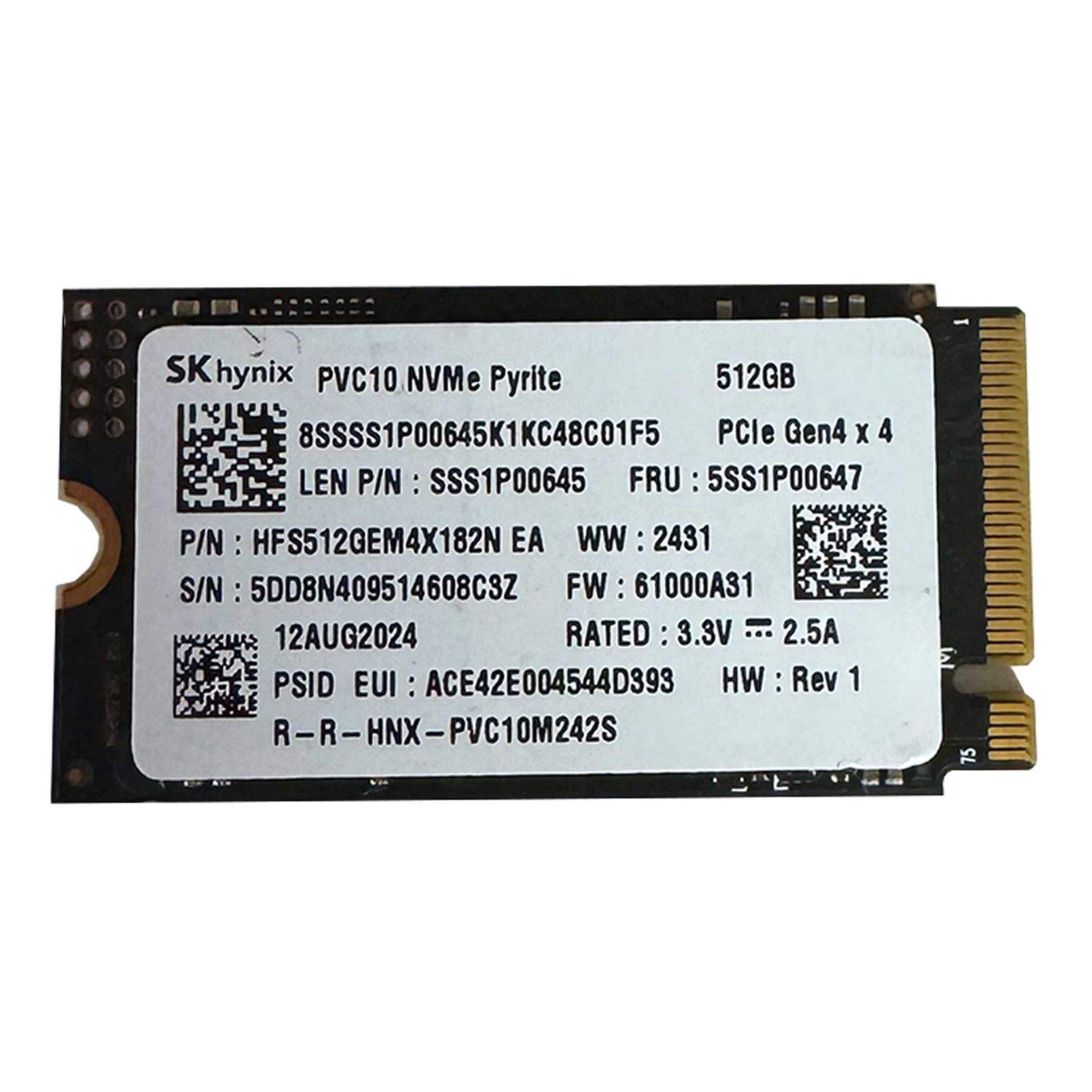 SK hynix 512GB NVMe SSD, PCIe Gen4 x4, detaylı model ve seri bilgileriyle birlikte.
