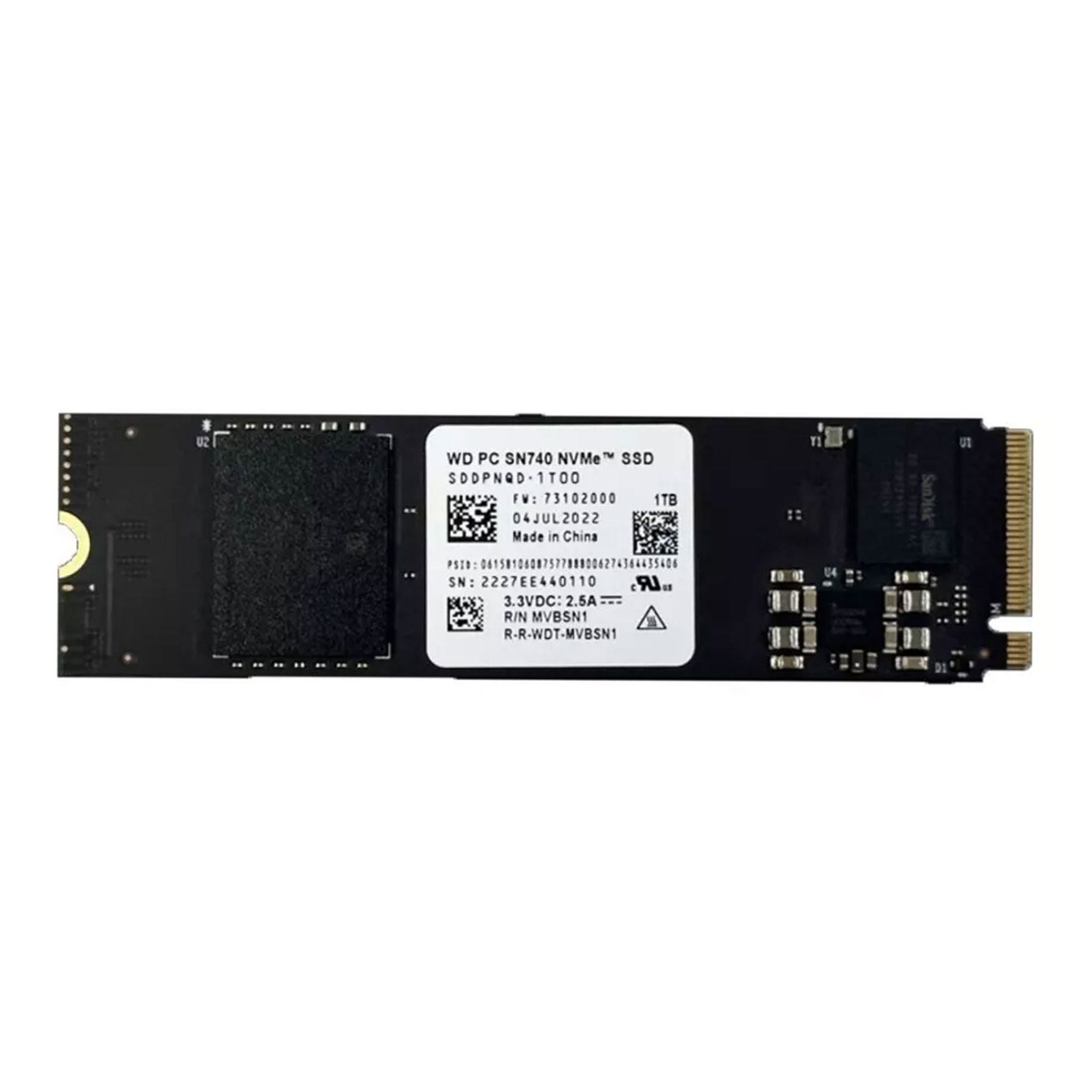 Beyaz etiketli siyah M.2 SSD, WD PC SN740 modeli, 1TB.