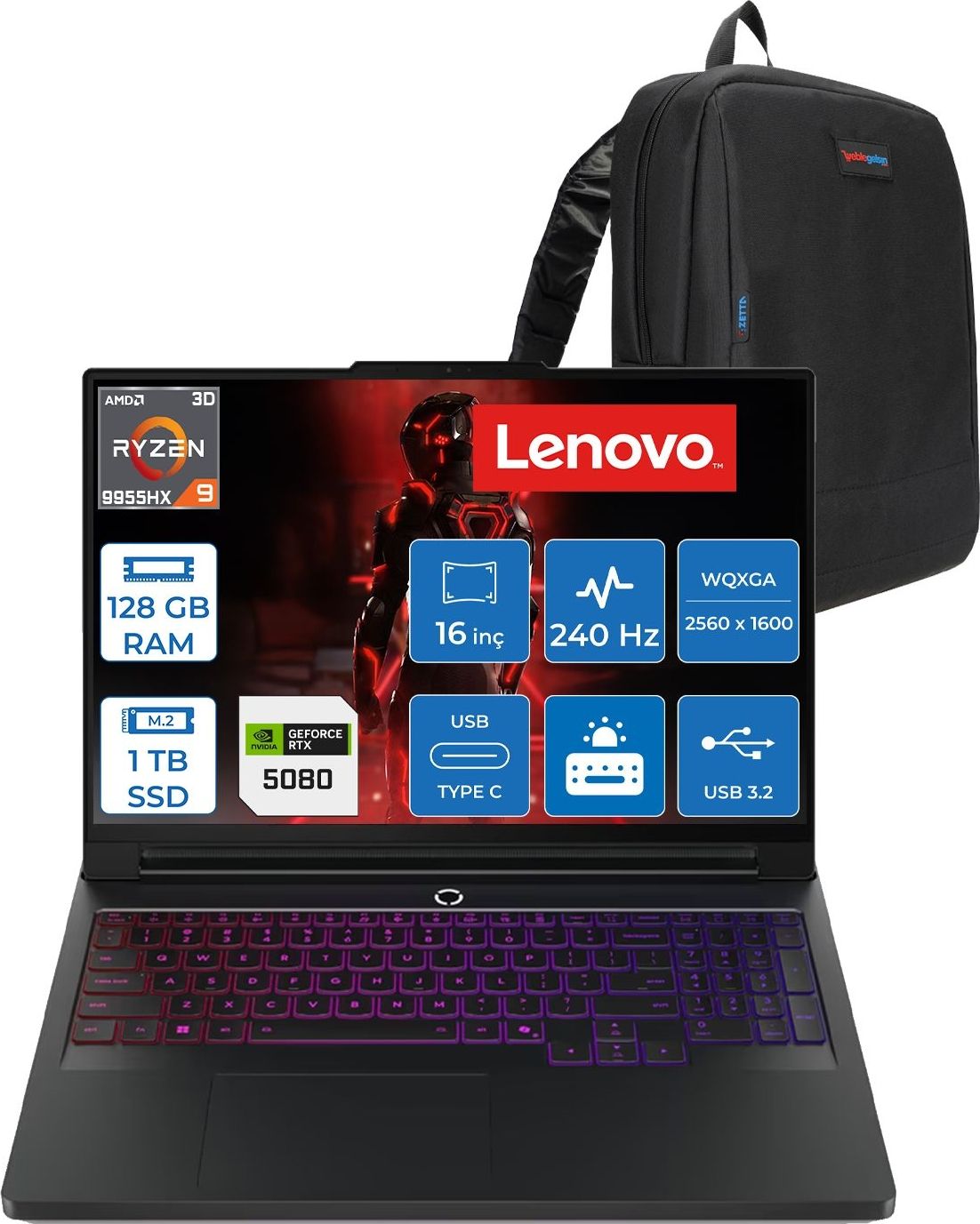 Ryzen 9, 128 GB RAM, 1 TB SSD ve RTX 5080'li siyah Lenovo dizüstü bilgisayar.