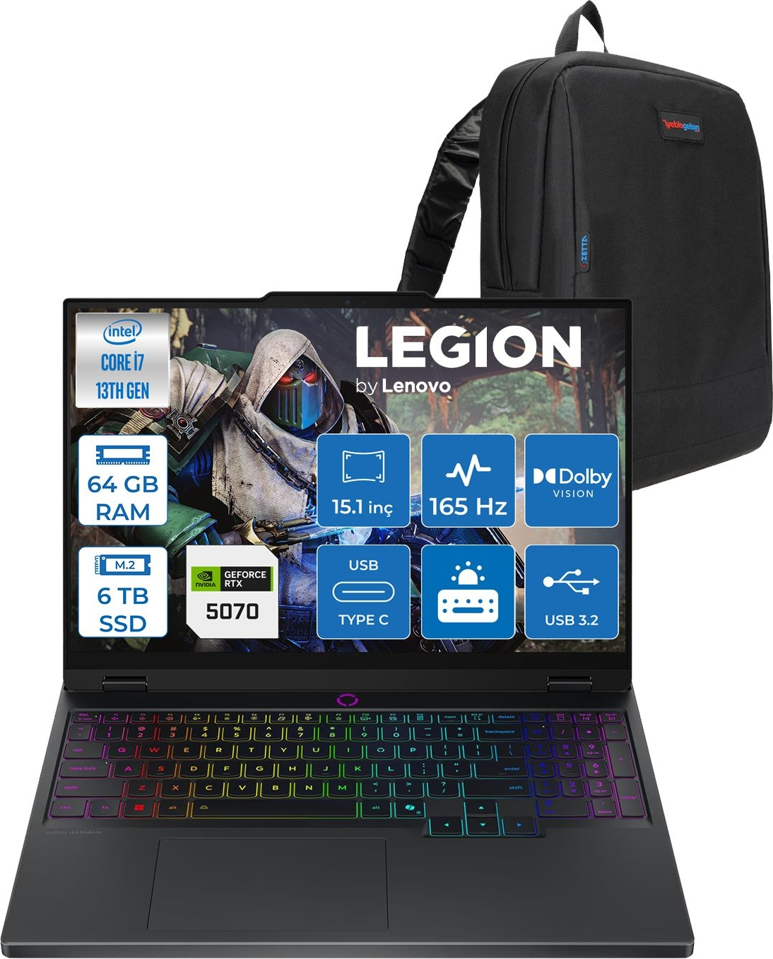 Intel Core i7, 64GB RAM, 6TB SSD, RTX 5070 işlemcili Lenovo Legion dizüstü bilgisayar ve siyah sırt çantası.