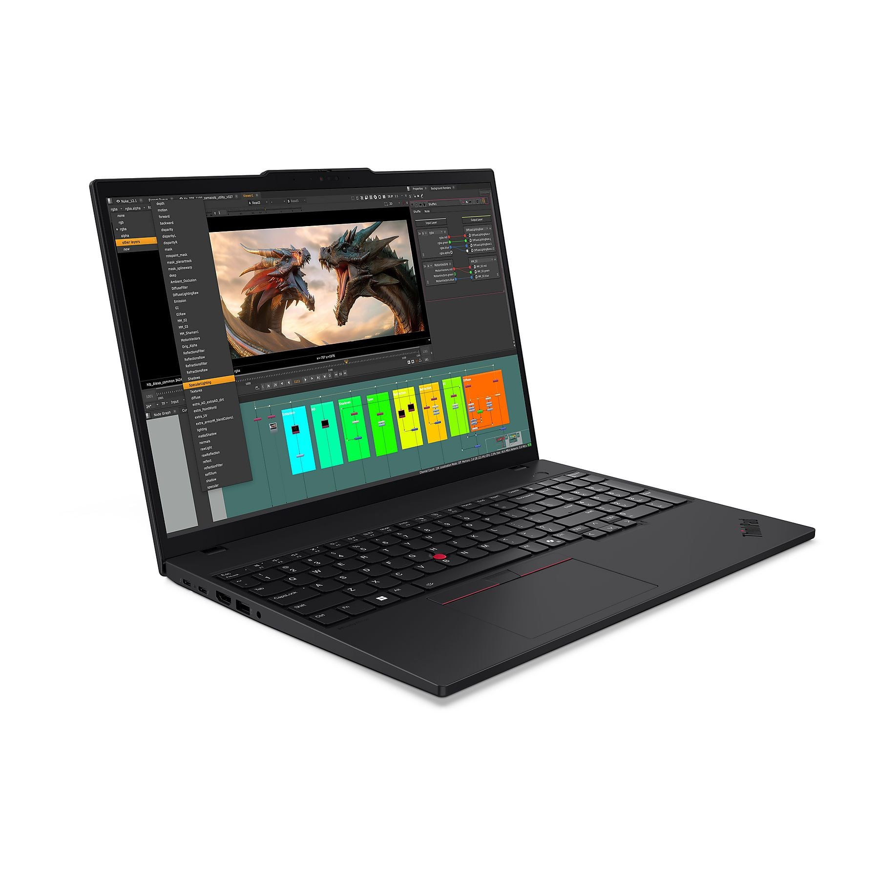 Un laptop nero con lo schermo aperto, che mostra una scena di composizione di draghi.