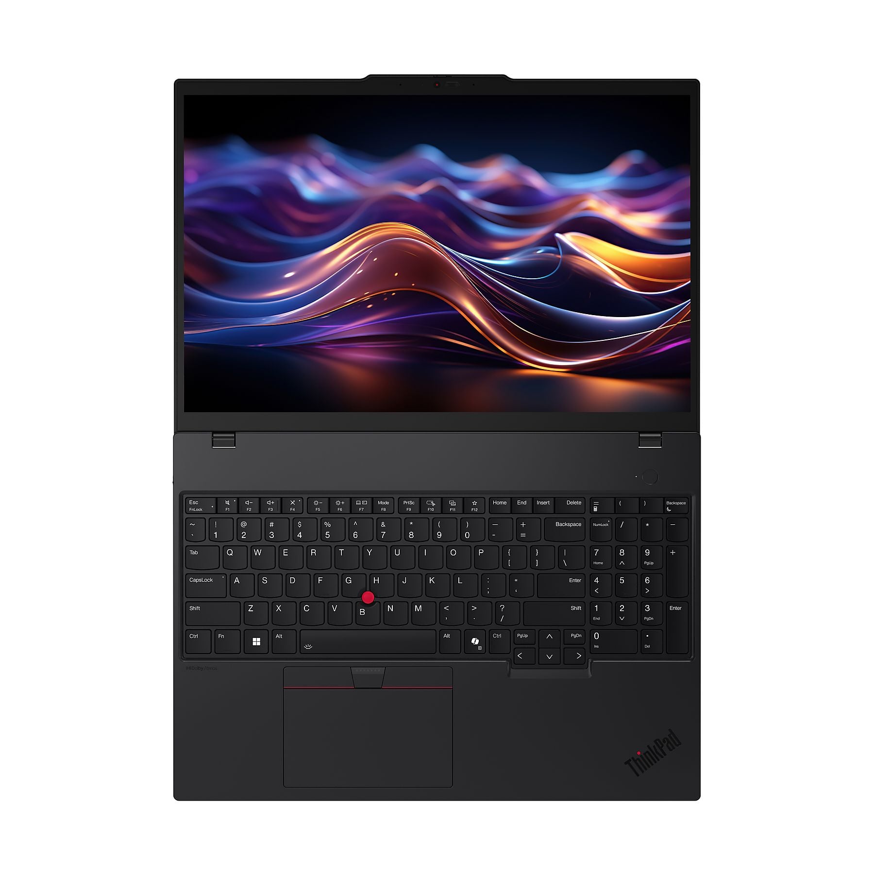 Un laptop nero aperto che visualizza uno sfondo astratto e colorato sullo schermo.