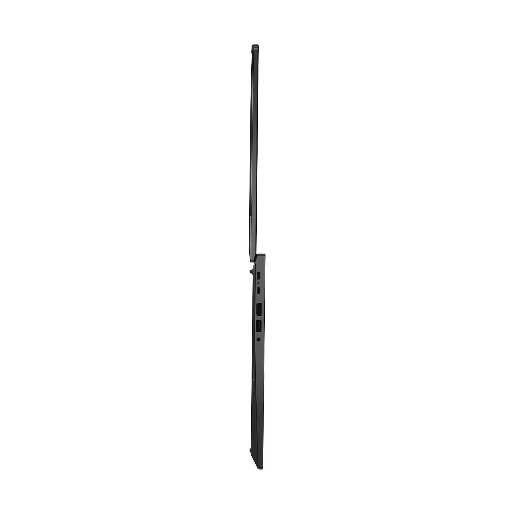 Laptop nero di profilo, schermo leggermente aperto, porte visibili.