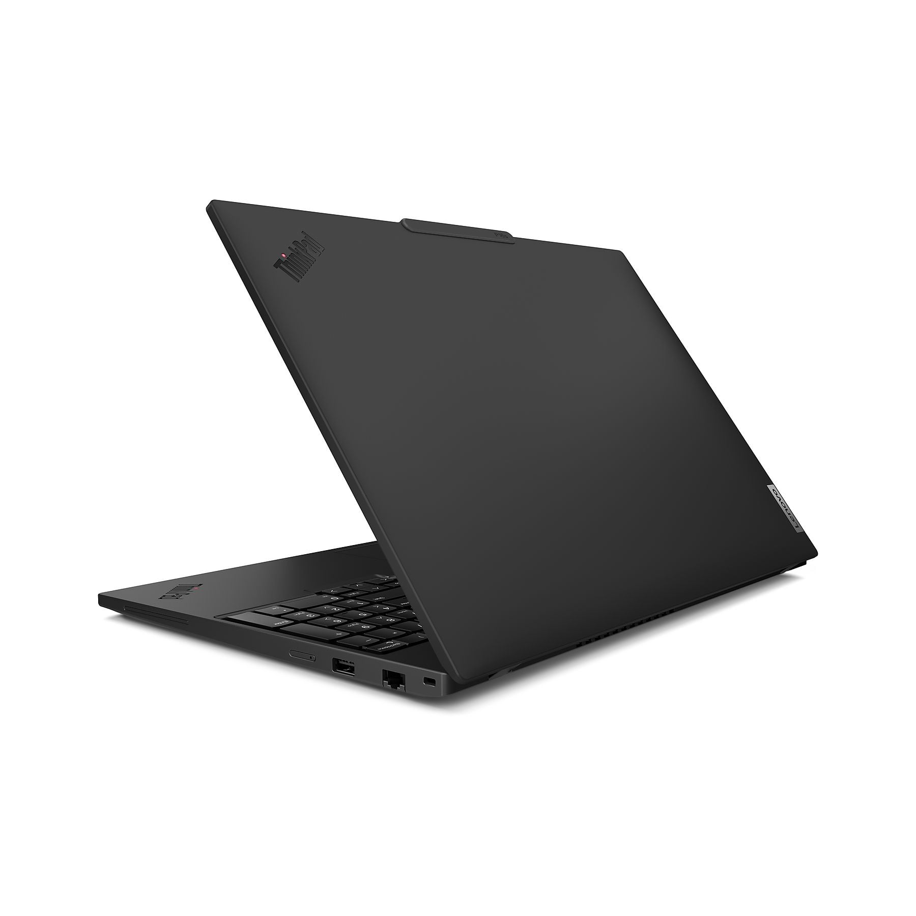 Un laptop nero Lenovo ThinkPad è aperto, mostrato di tre quarti anteriore.