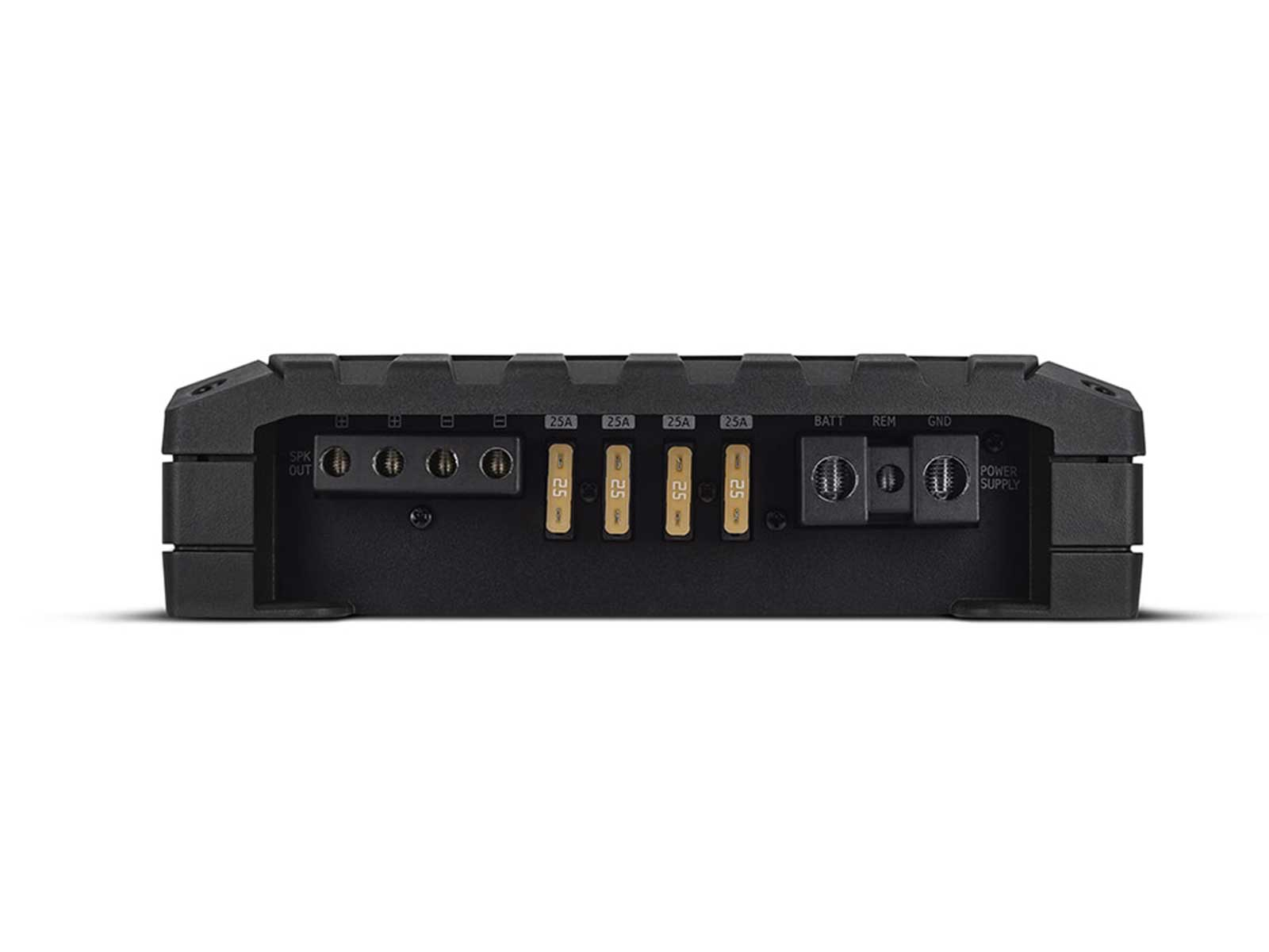 Verstärkeranschlussklemmen: Lautsprecherausgänge, Sicherungen, Batterie, Remote und Masse.