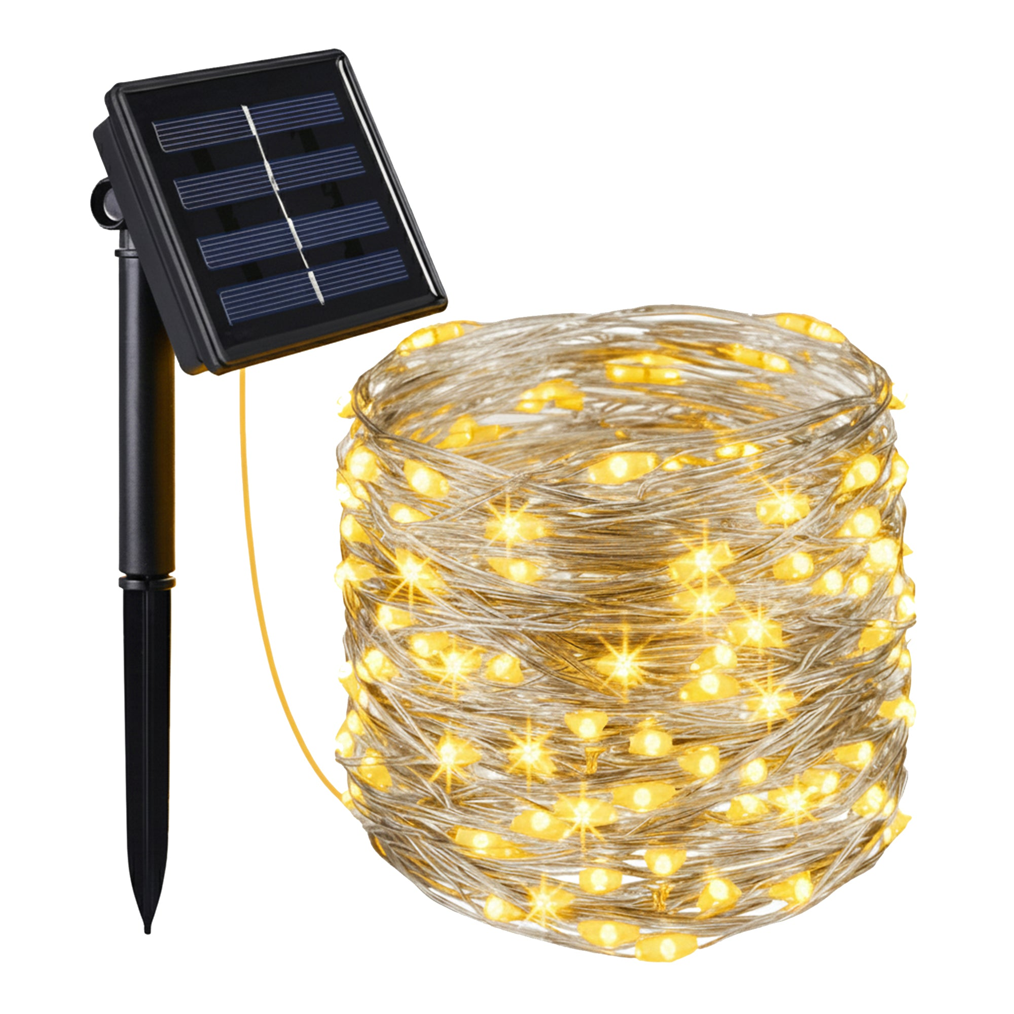 Solarpanel mit Erdspieß und aufgerollter Lichterkette mit warmweißen LEDs.