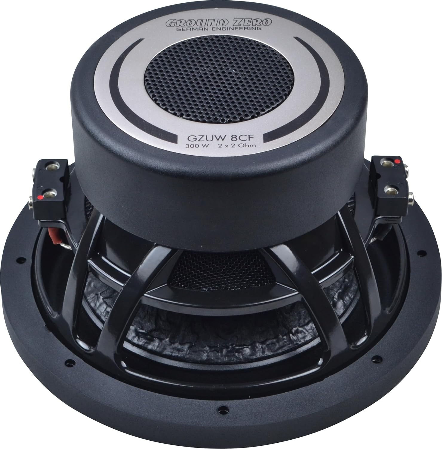 Schwarzer Subwoofer mit silbernen Akzenten und schwarzem Korb.