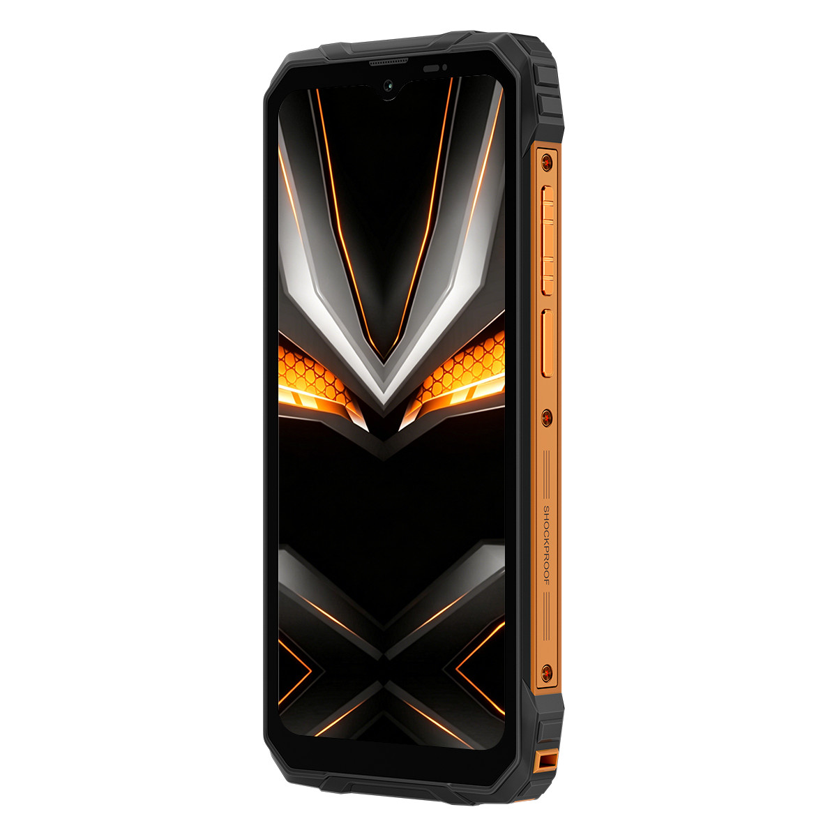 Robustes Smartphone mit orangefarbenen Akzenten und einem dunklen, grafischen Display.