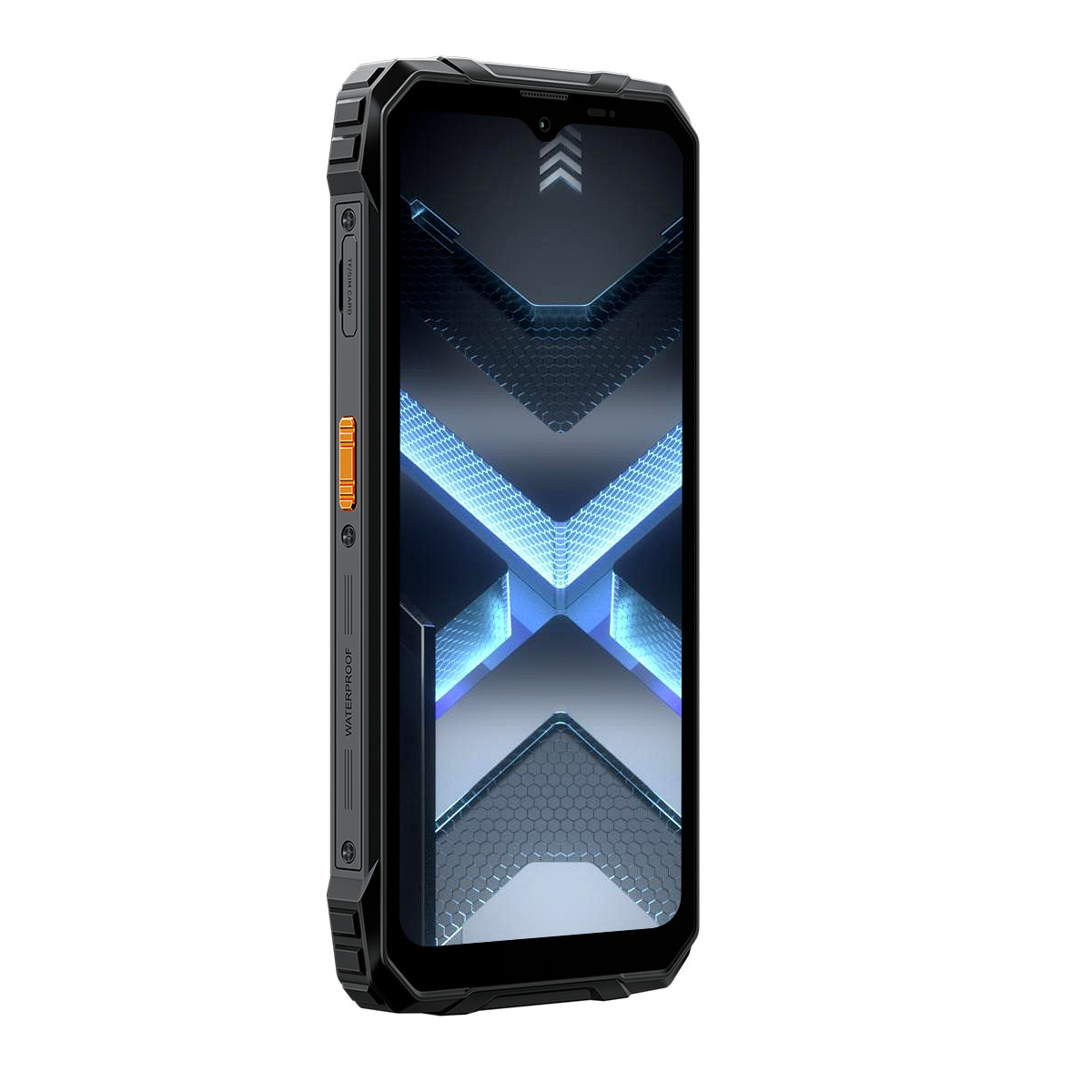 Ein robustes Smartphone mit schwarzem Gehäuse und einem blauen, X-förmigen Hintergrundbild.