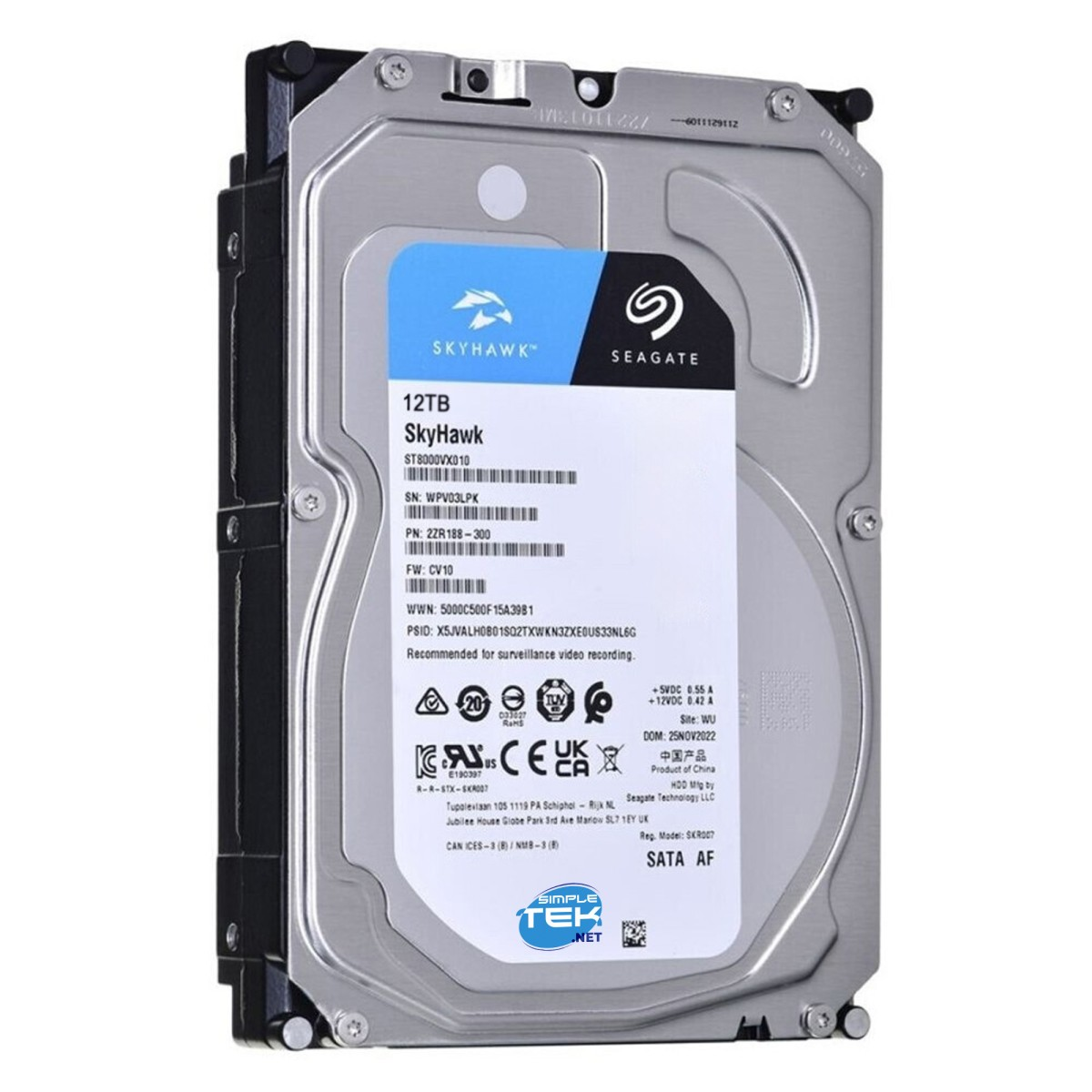 Seagate SkyHawk 12TB harde schijf met zilveren behuizing en blauw/zwart label.