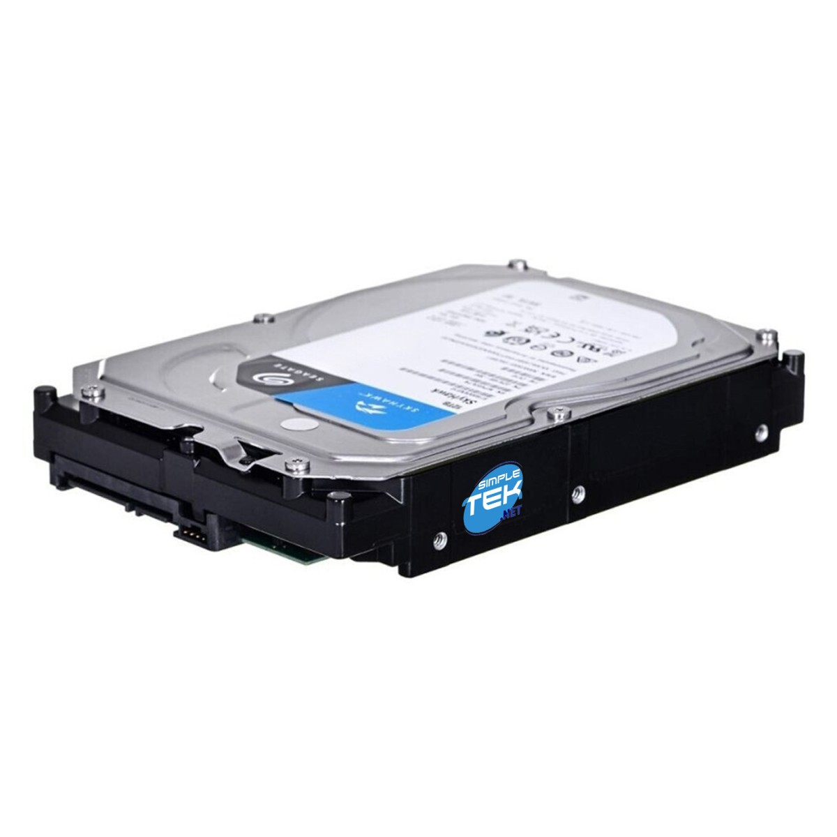Een zilveren en zwarte harde schijf met een blauwe Seagate-sticker.